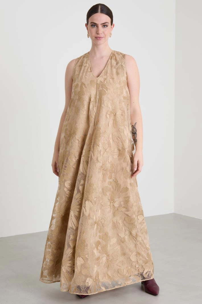 Long embroidered tulle dress - GOLD