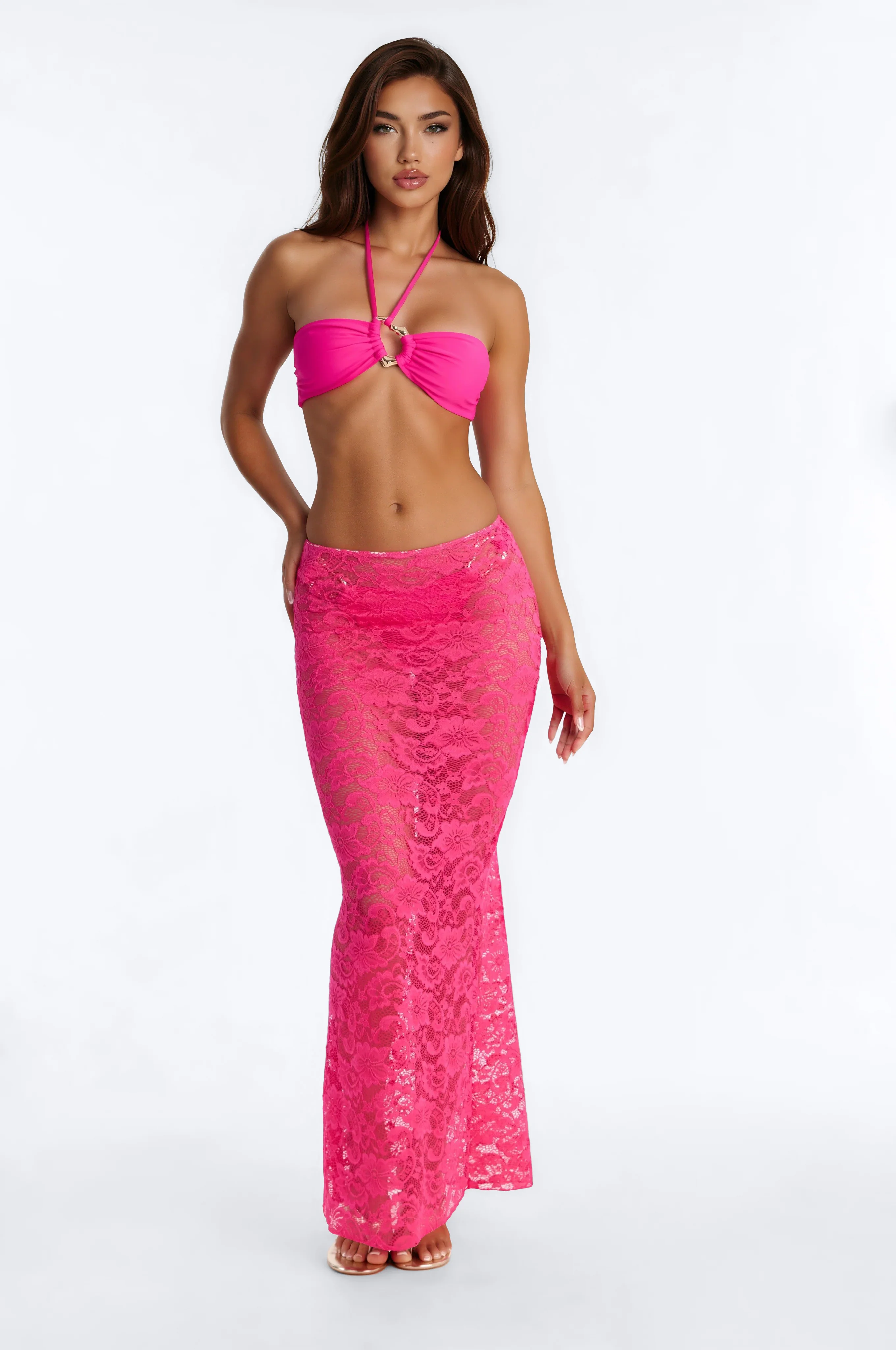 Naia 3 Piece Bandeau Bikini & Swim Cover Up Lace Maxi Skirt Sunsuit - Fuchsia