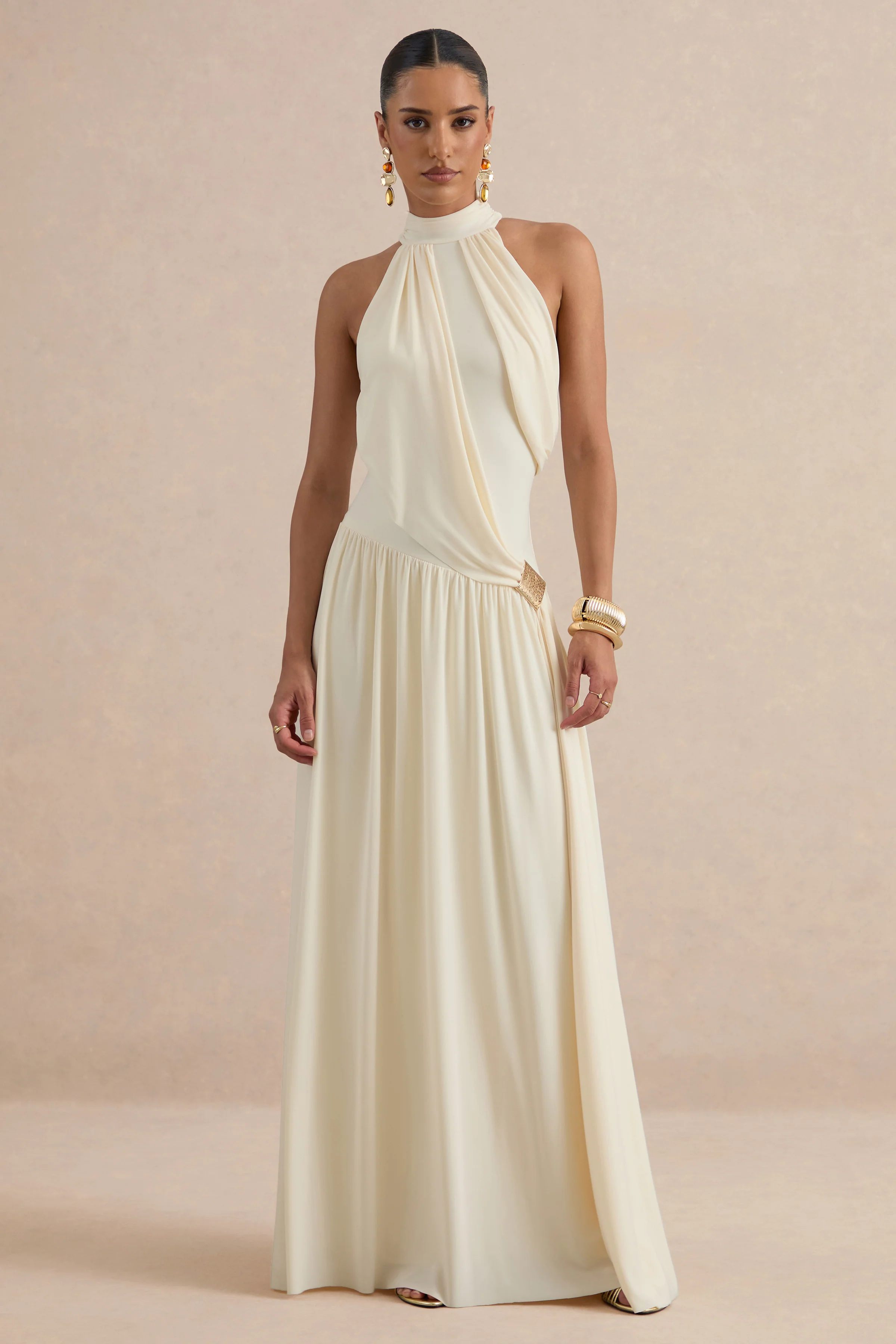 Sibel | Cream Jersey Ruched High Neck Maxi Dress With Draped Detailing And Gold Trim