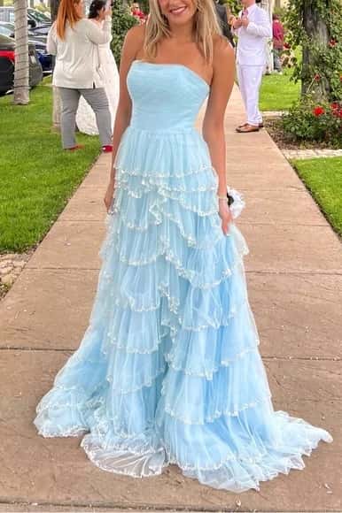 Light Blue Tulle Ruffle A-line Gown