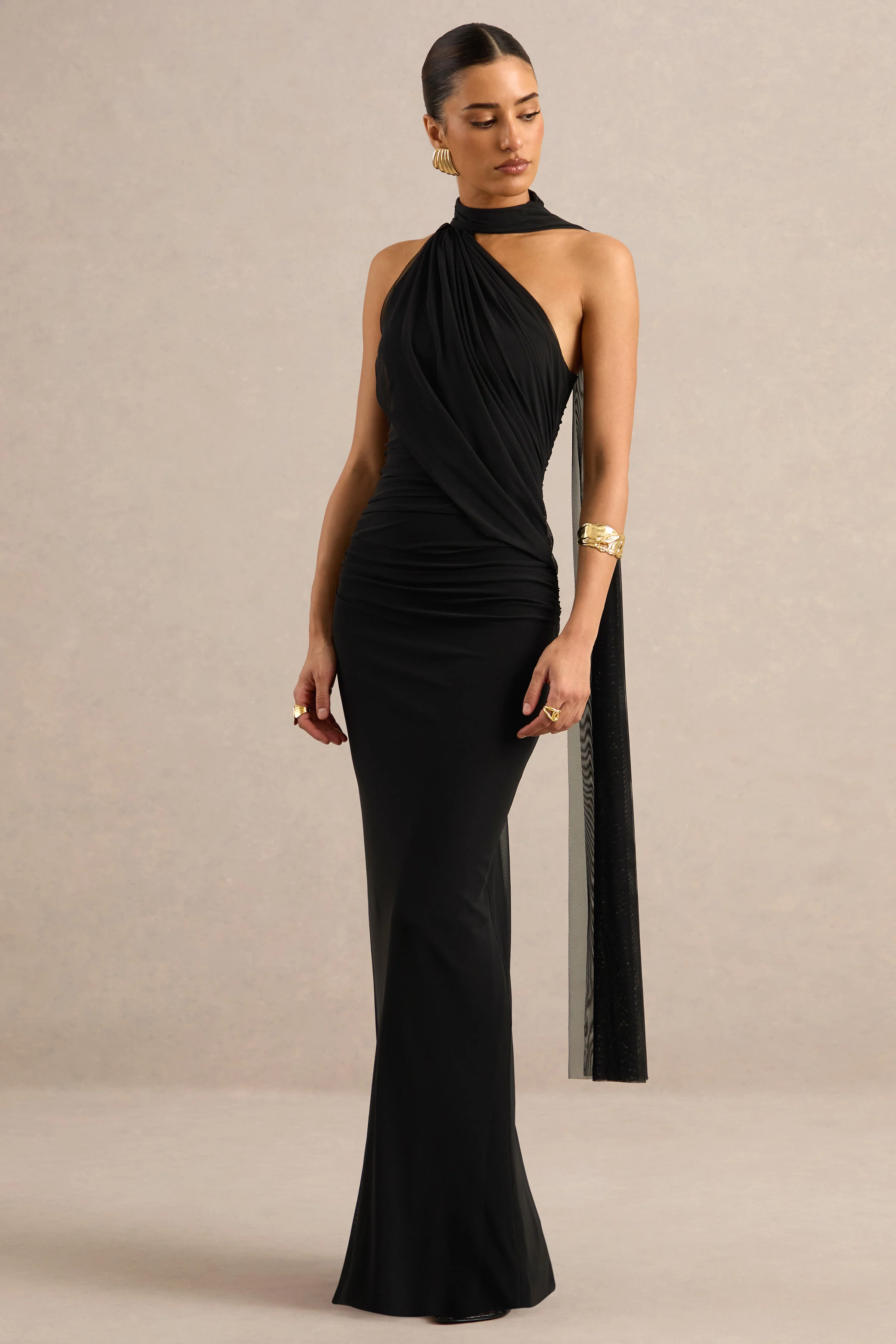 Gelsey | Black Mesh High Neck Ruched Maxi Dress With Scarf Detail