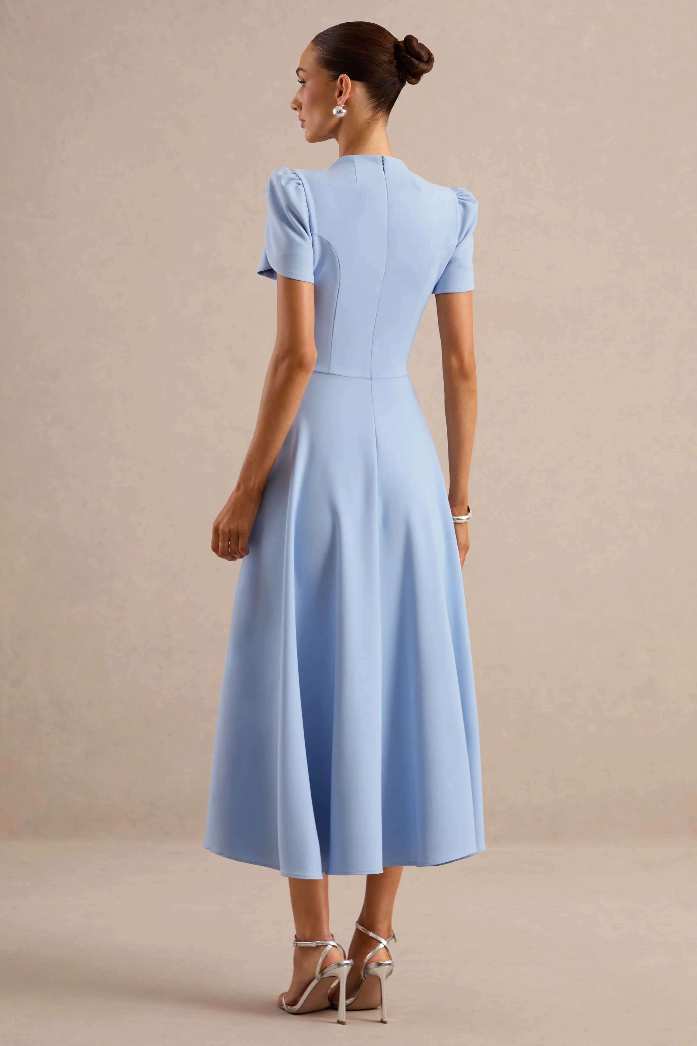 Vicky | Powder Blue High Neck Midi Dress With Puff Sleeves