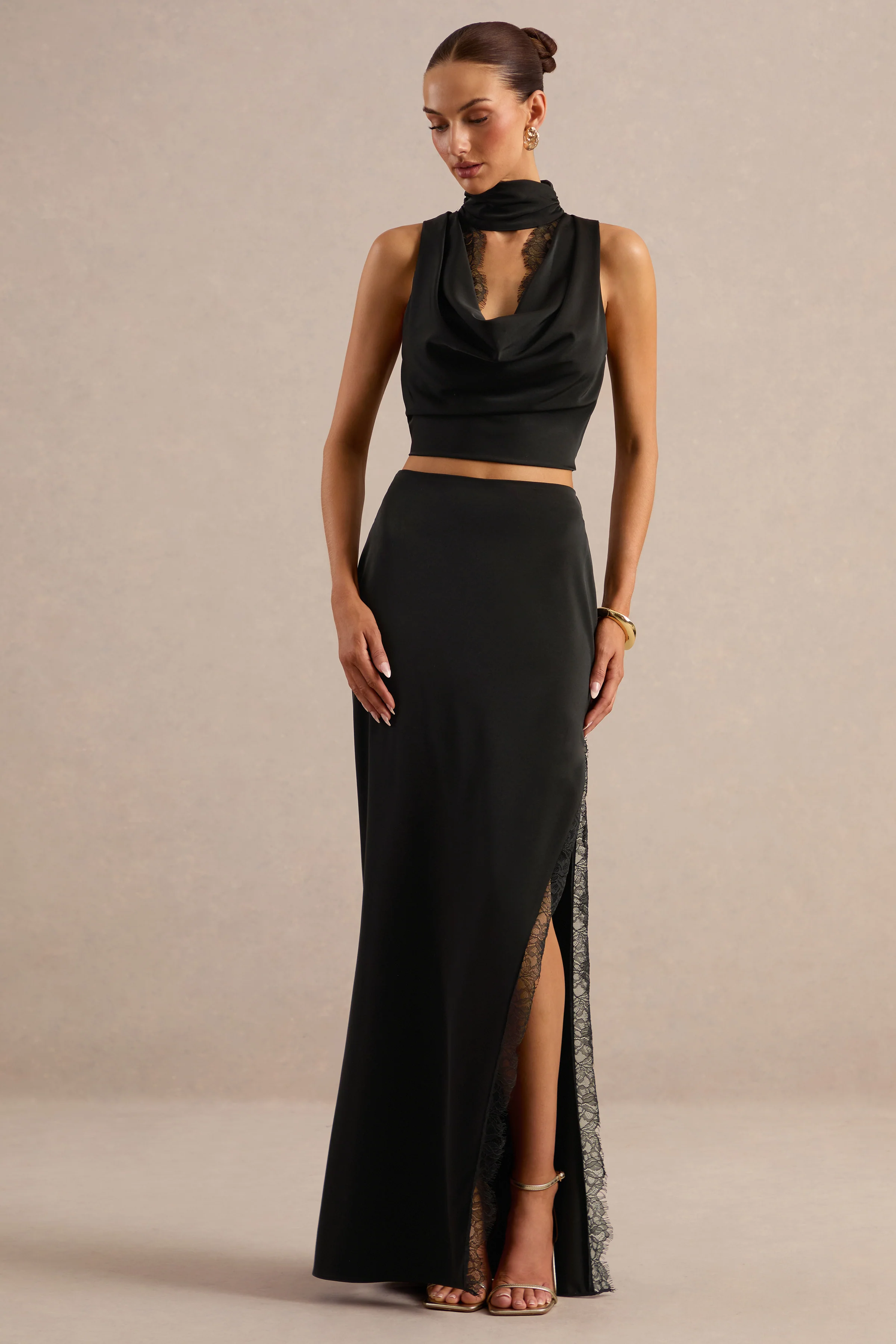 Perline | Black Satin High Neck Top With Lace Detailing