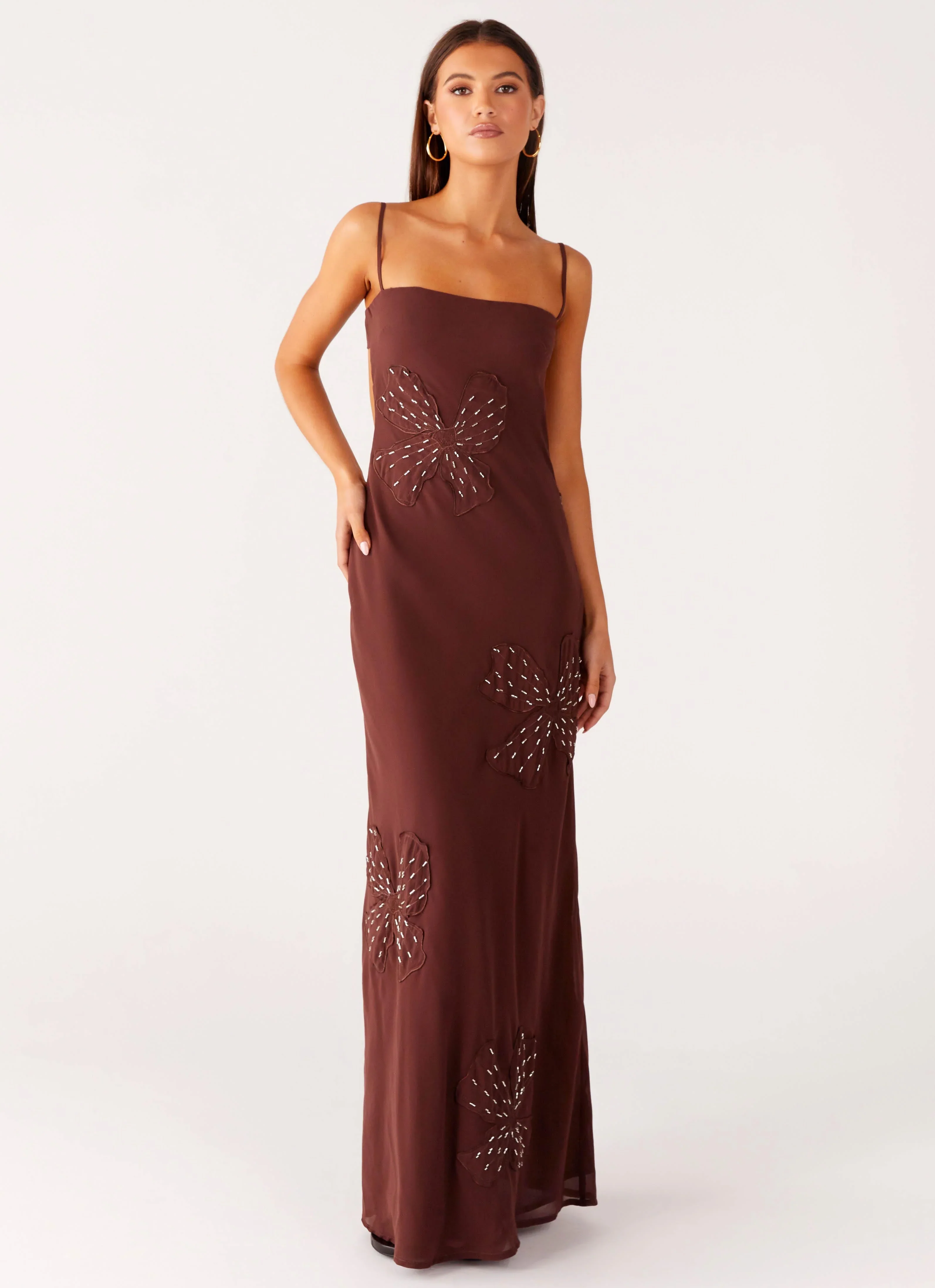 Bayla Beaded Flower Maxi Dress - Chocolate