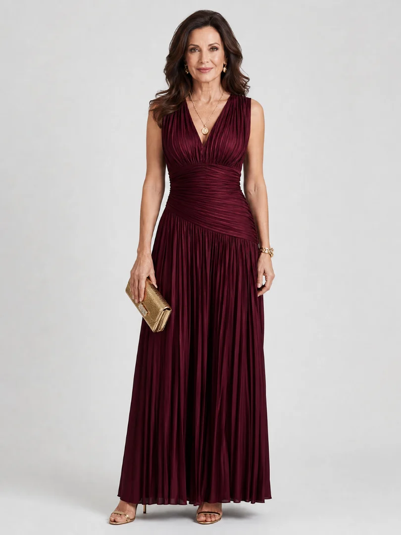 Merryn | Women's Pleated Sleeveless Ruched Burgundy Maxi Evening Dress