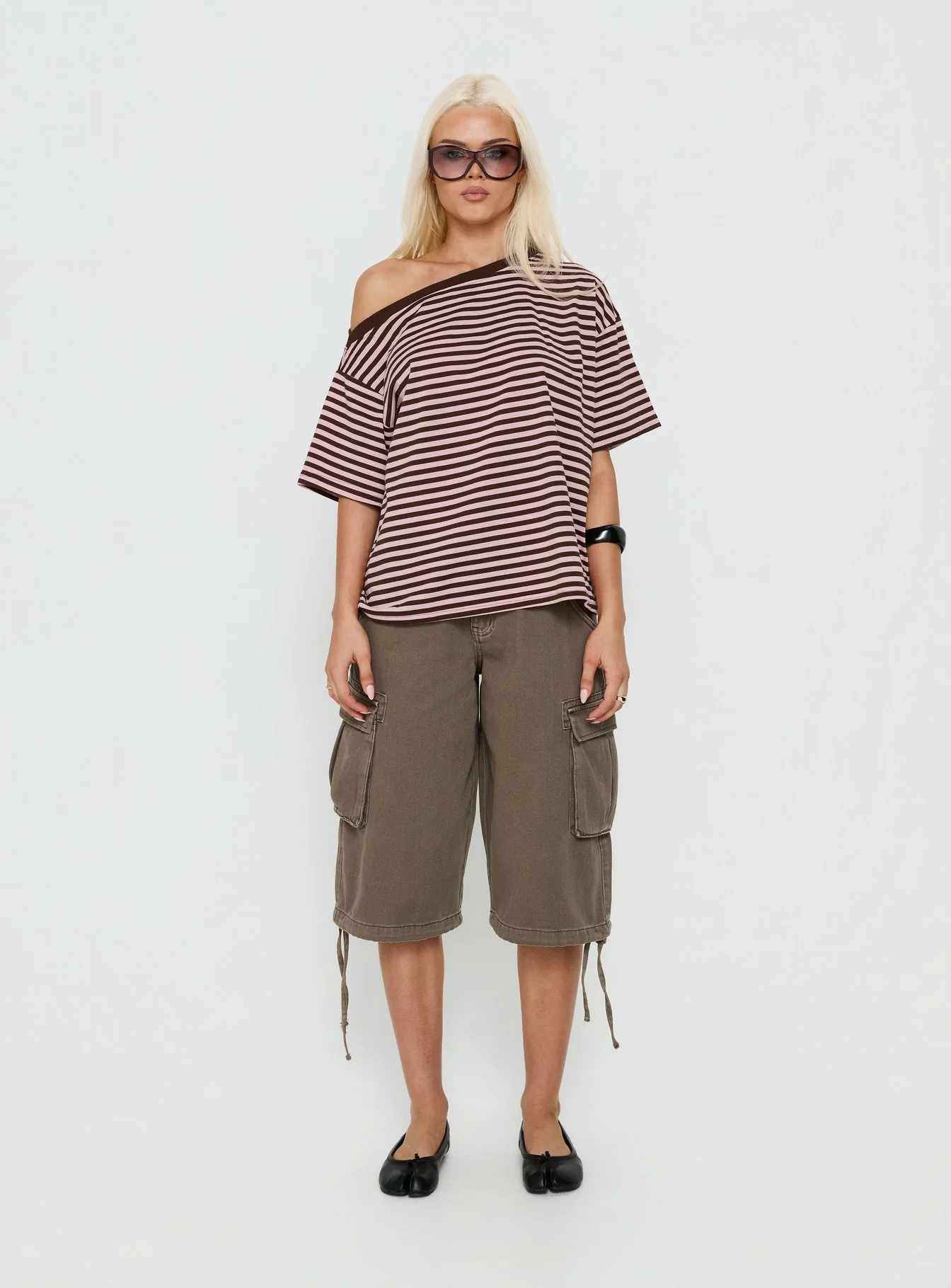 Settle Down One Shoulder Top Pink / Chocolate Stripe