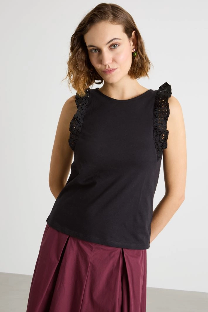 Broderie Anglaise ruffle top - BLACK
