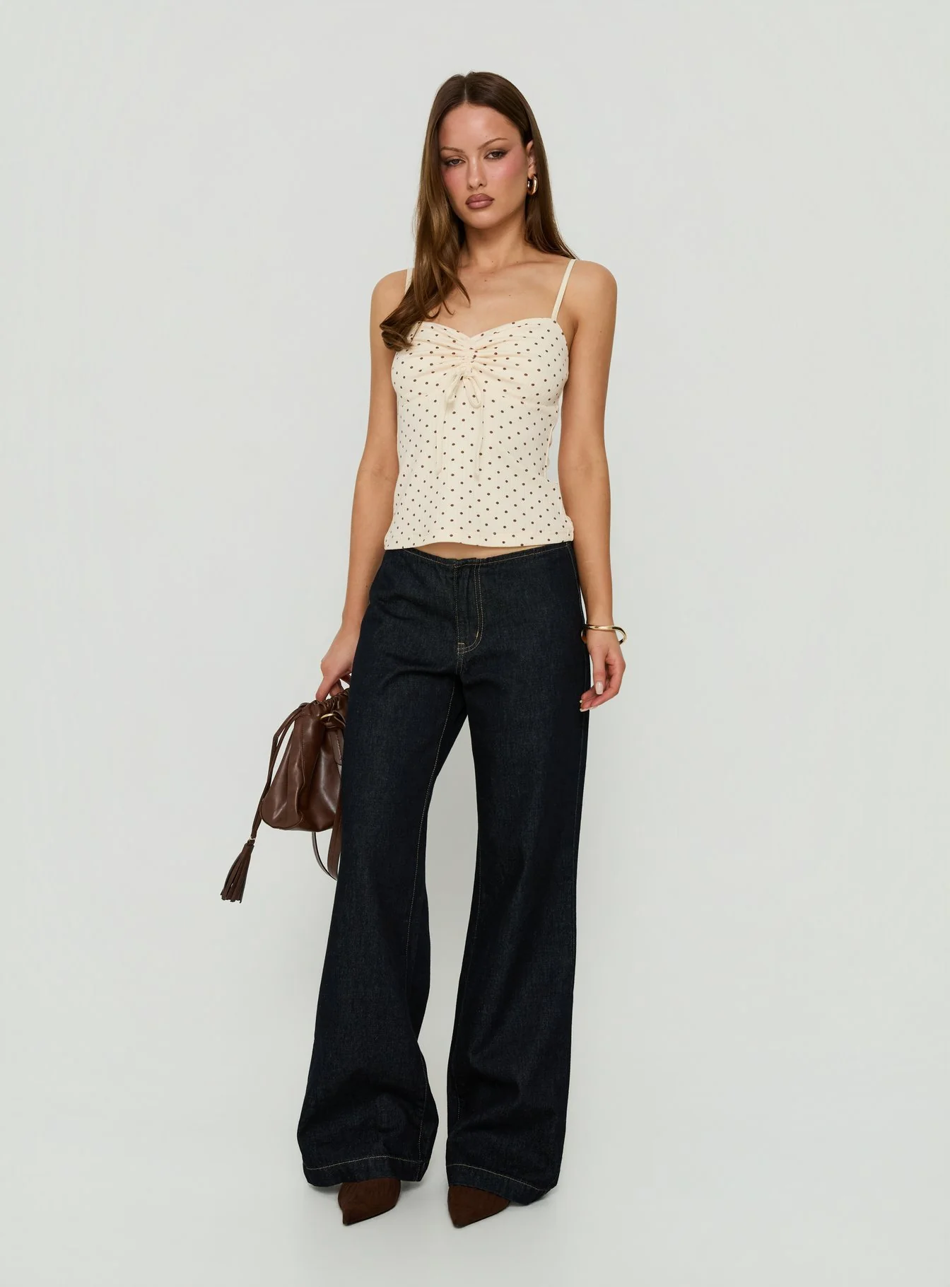 Shilloh Tie Detail Cami Top Cream Polka Dot