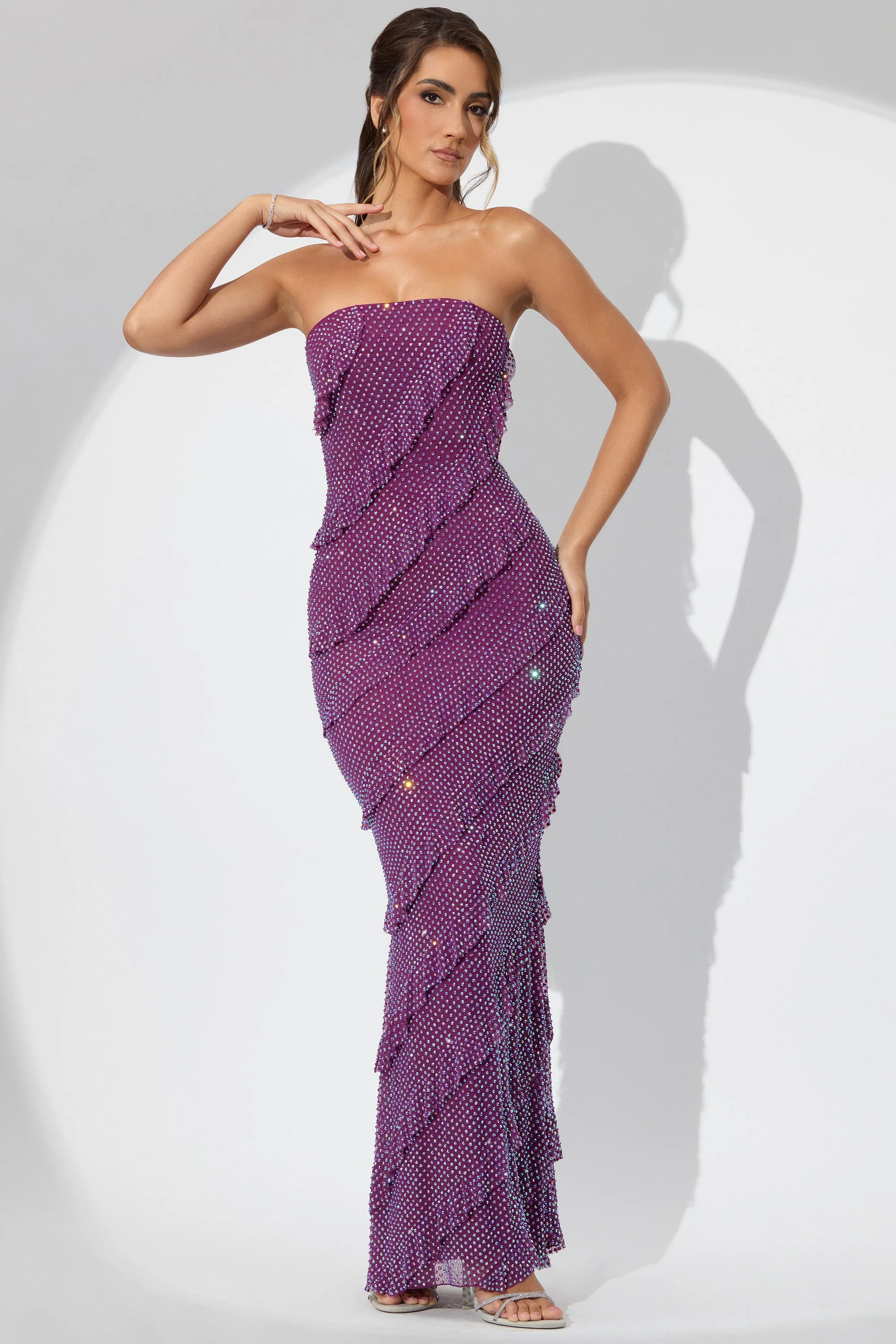 Embellished Bandeau Ruffle Maxi Dress in Plum