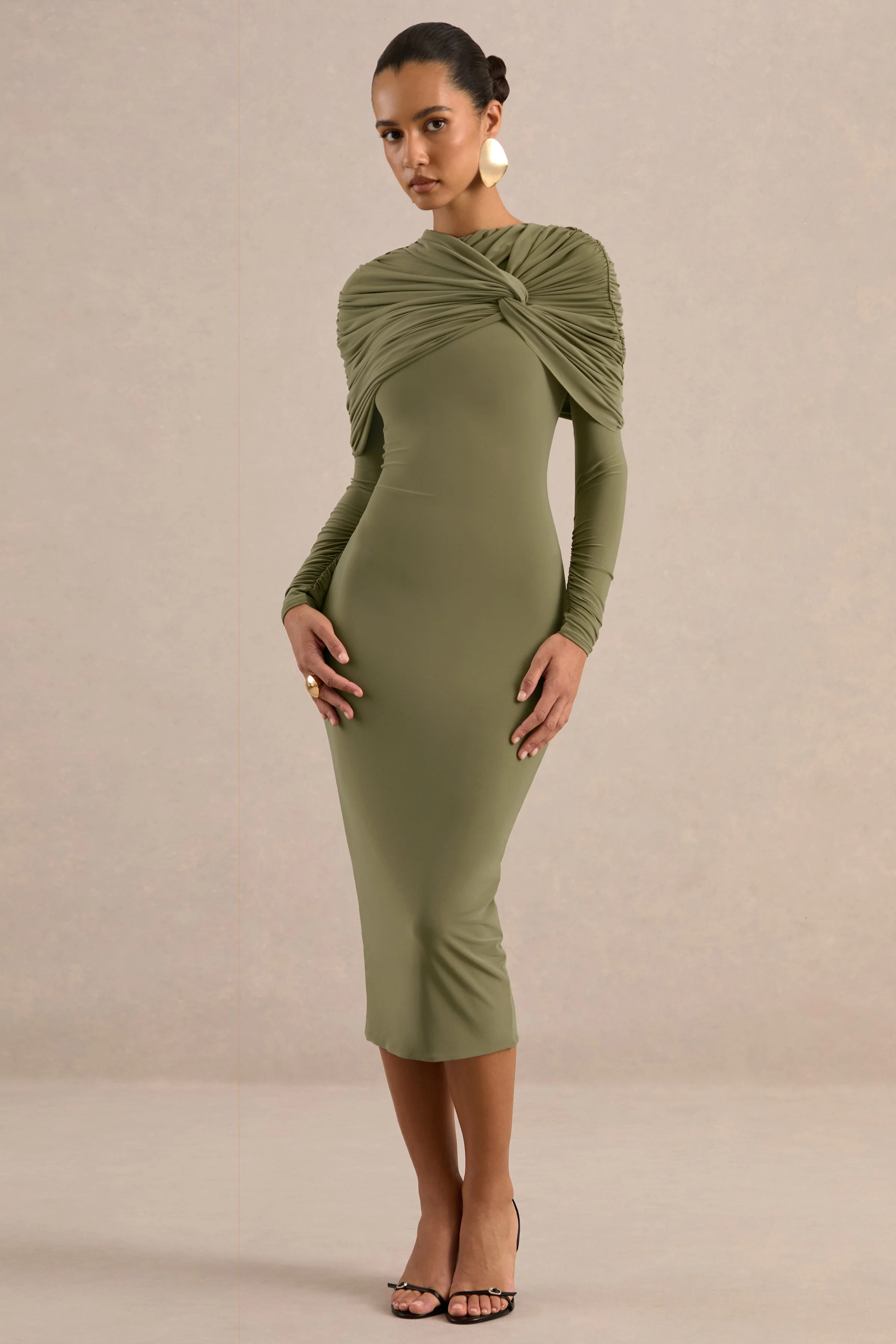 Delaria | Olive Jersey Round Neck Twisted Long Sleeve Midi Dress With Gathered Detail And Back Split