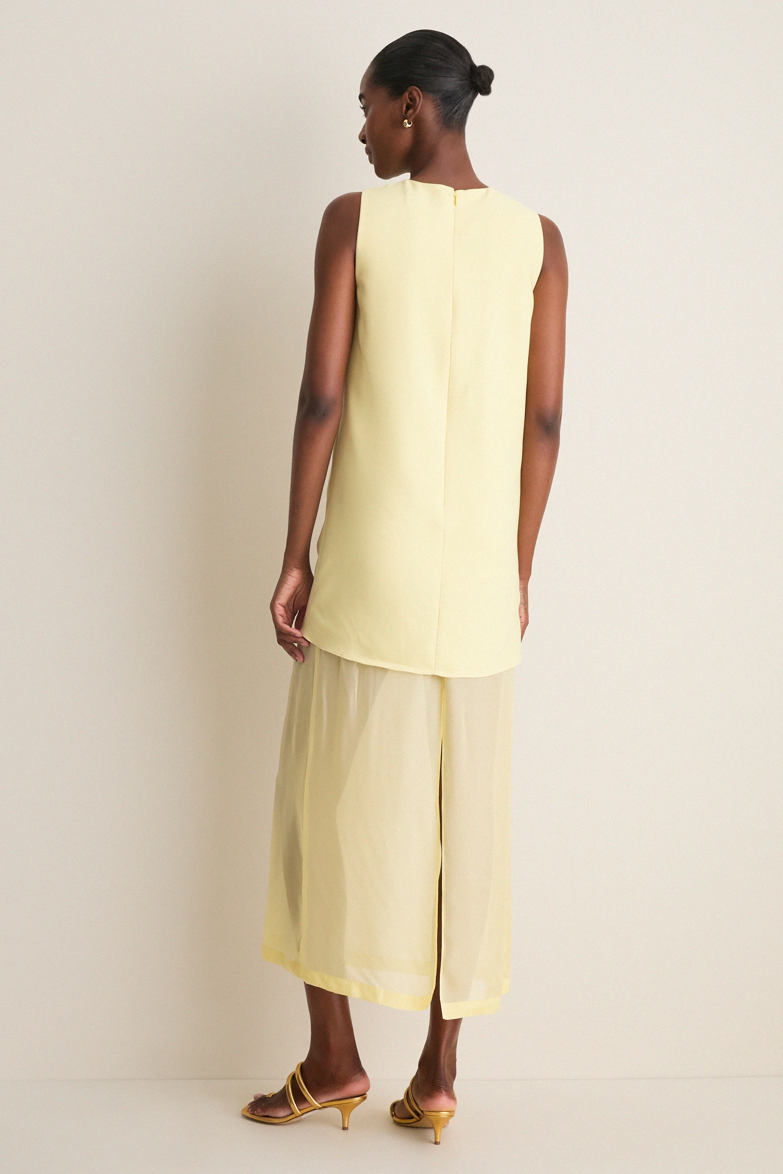 Pale Yellow Bonotto Crepe and Silk Chiffon Dress