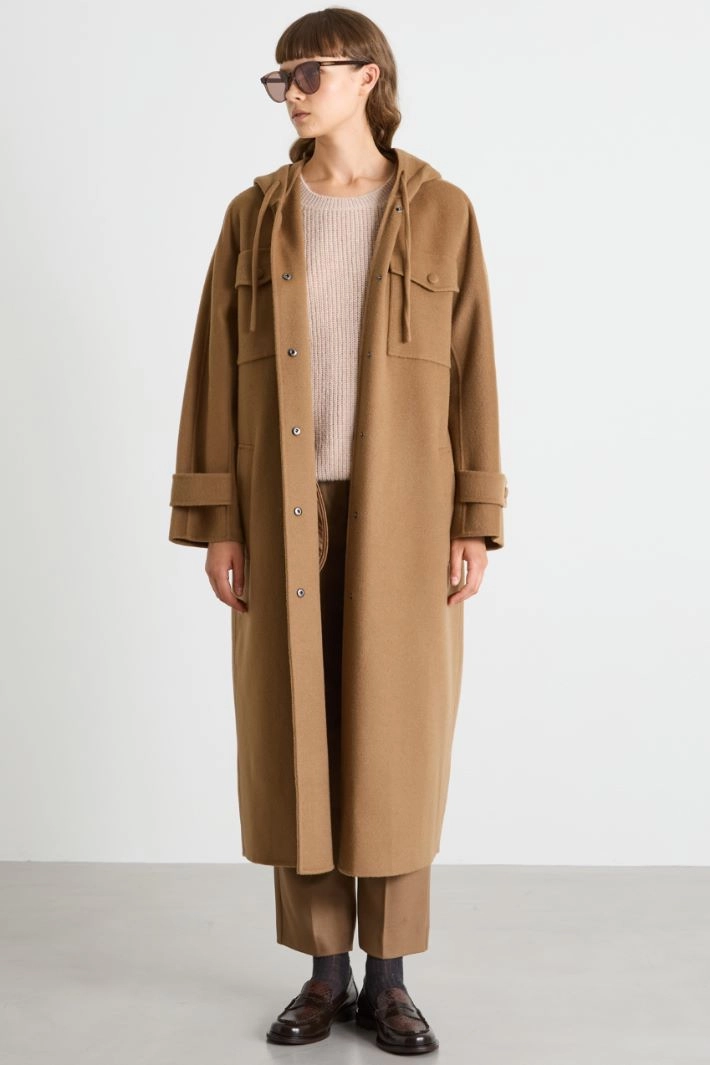Coat with drawstring hood - CAMEL