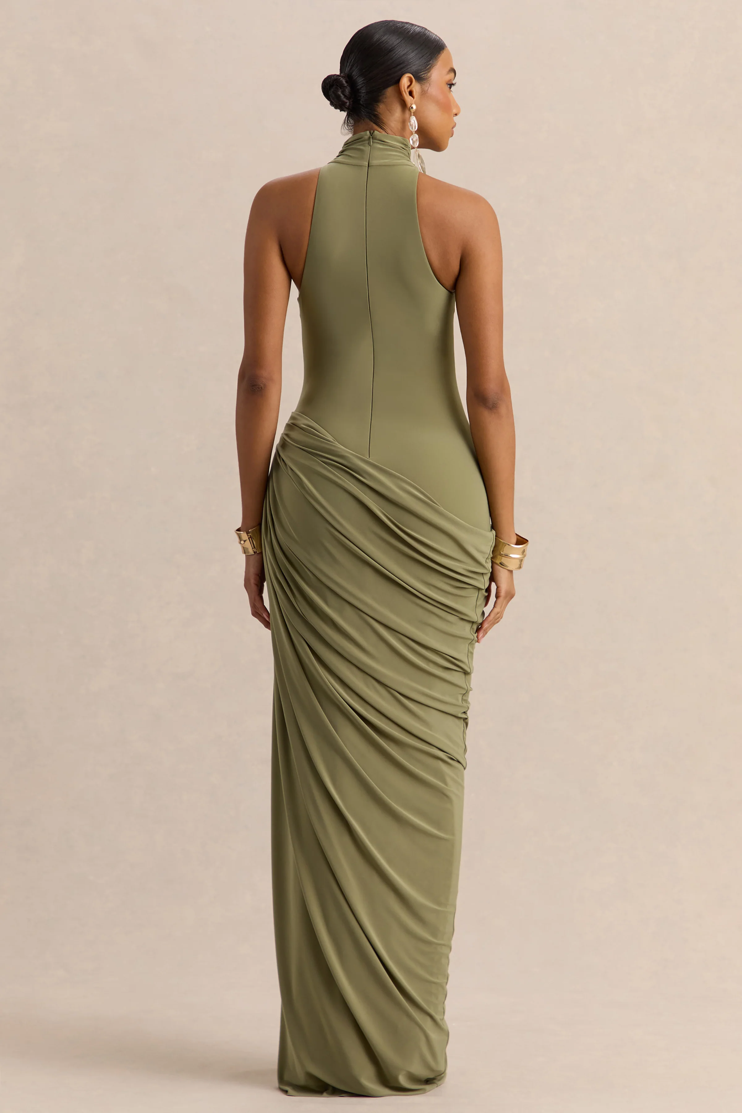 Junelia | Olive Jersey Ruched High Neck Maxi Dress With Draped Skirt
