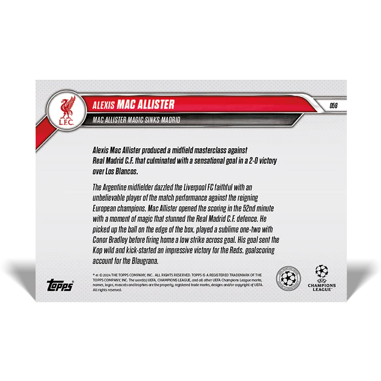Alexis Mac Allister - Mac Allister magic sinks Madrid - 24/25 UCC Topps NOW® Card 58