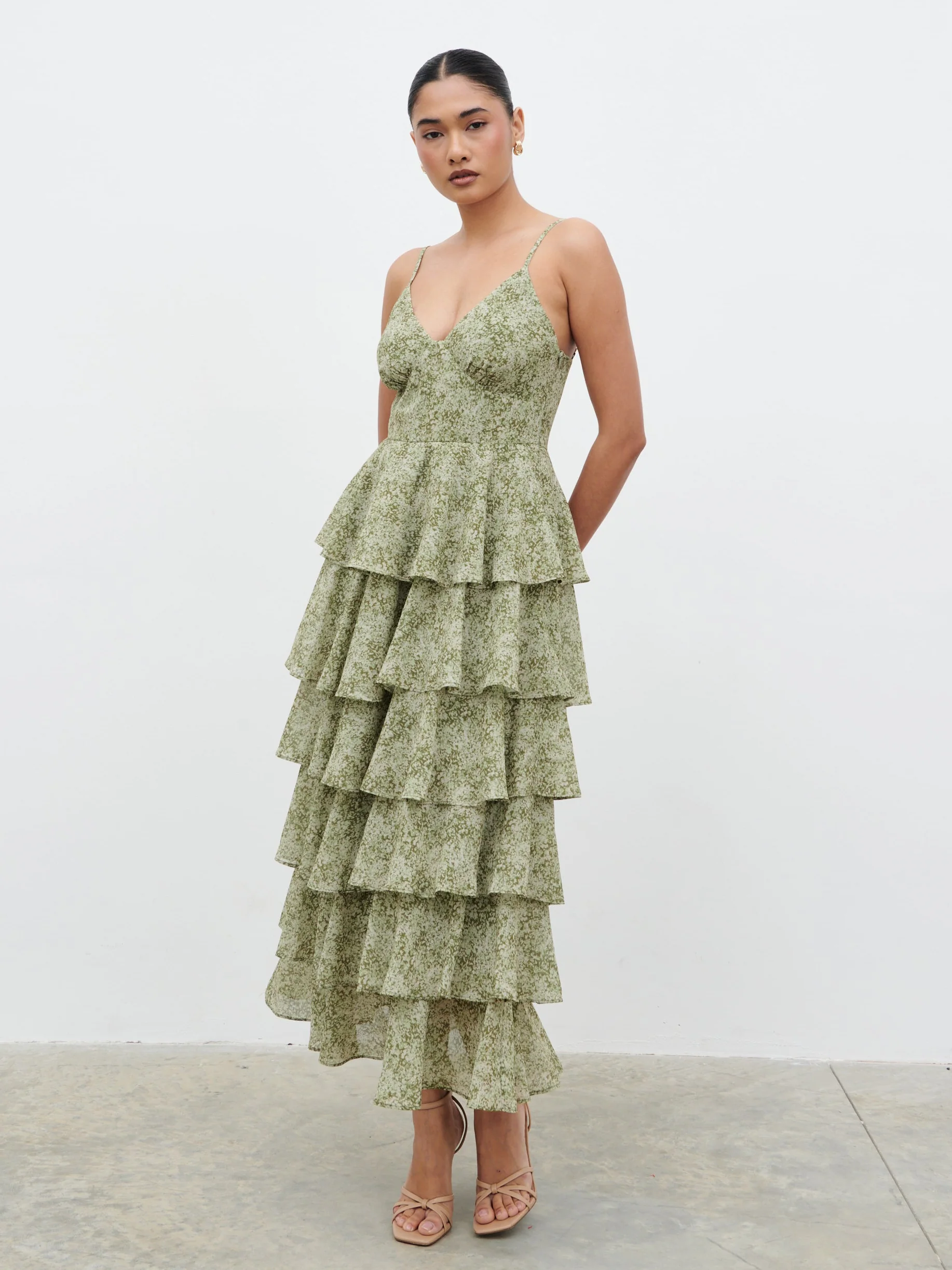 Lissy Ruffle Midaxi Dress - Green Abstract Print