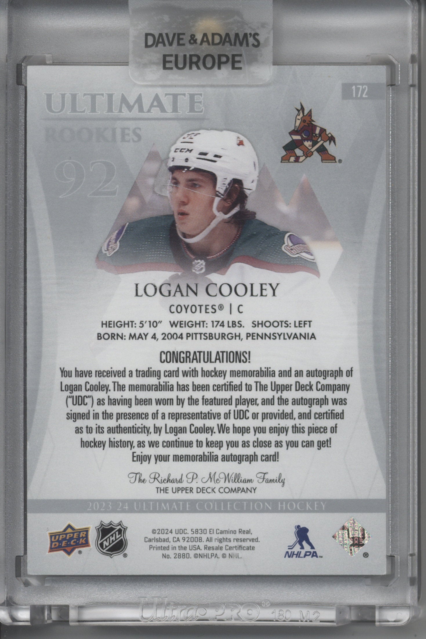 2023/24 Upper Deck Ultimate Logan Cooley Patch Auto 15/15