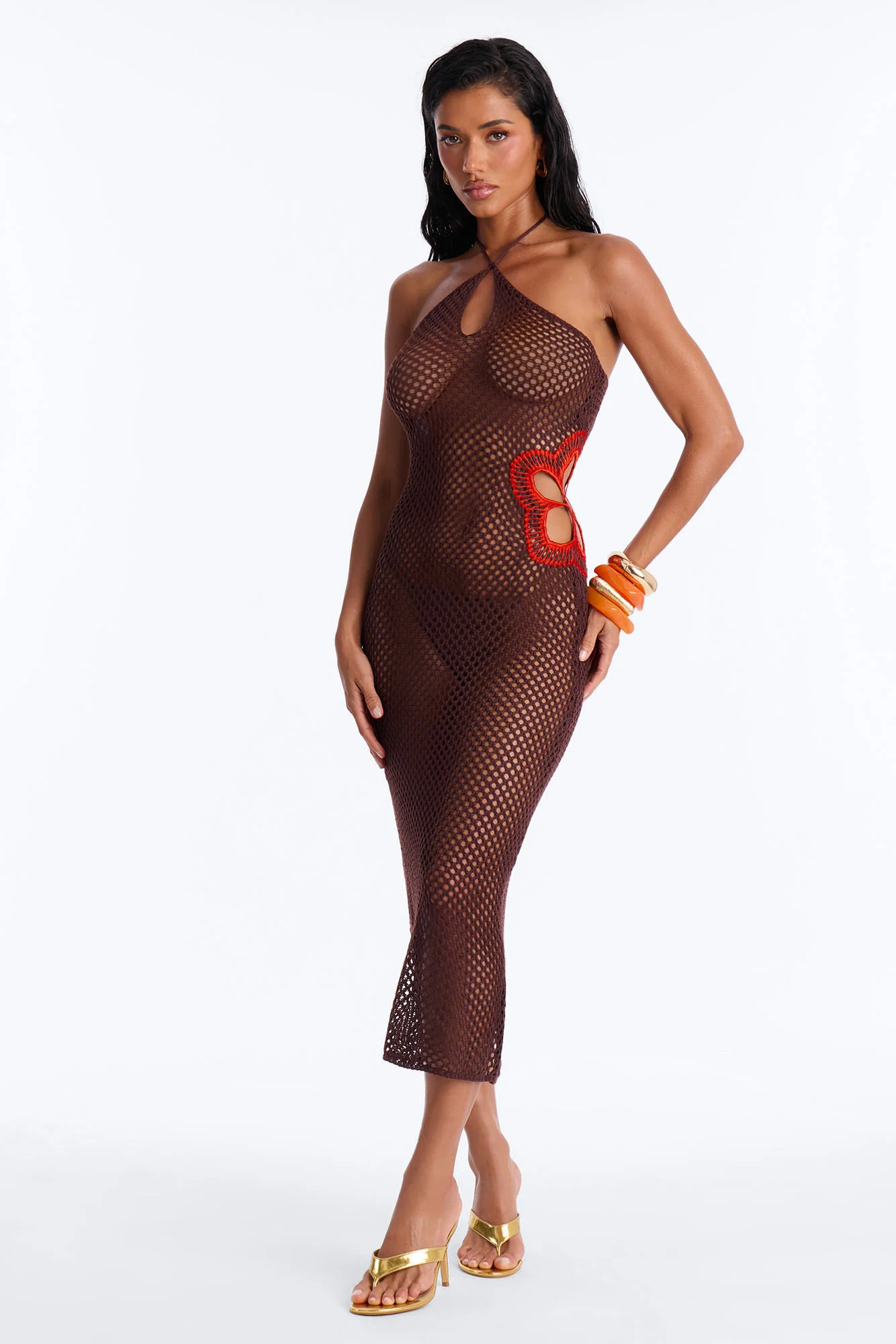 Crochet Me Not Halter Swim Cover Up Dress - Chocolate
