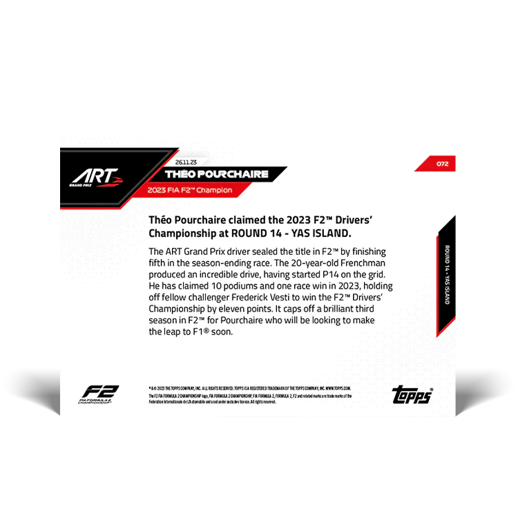 Topps UK - Theo Pourchaire - 2023 F2 Driver's World Champion - F1 TOPPS NOW® Card #72