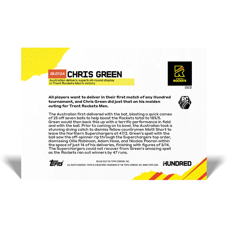Chris Green - Australian delivers superb all-round display in Trent Rockets Men’s victory - 2024 The Hundred TOPPS NOW® Card 3 - PR:15