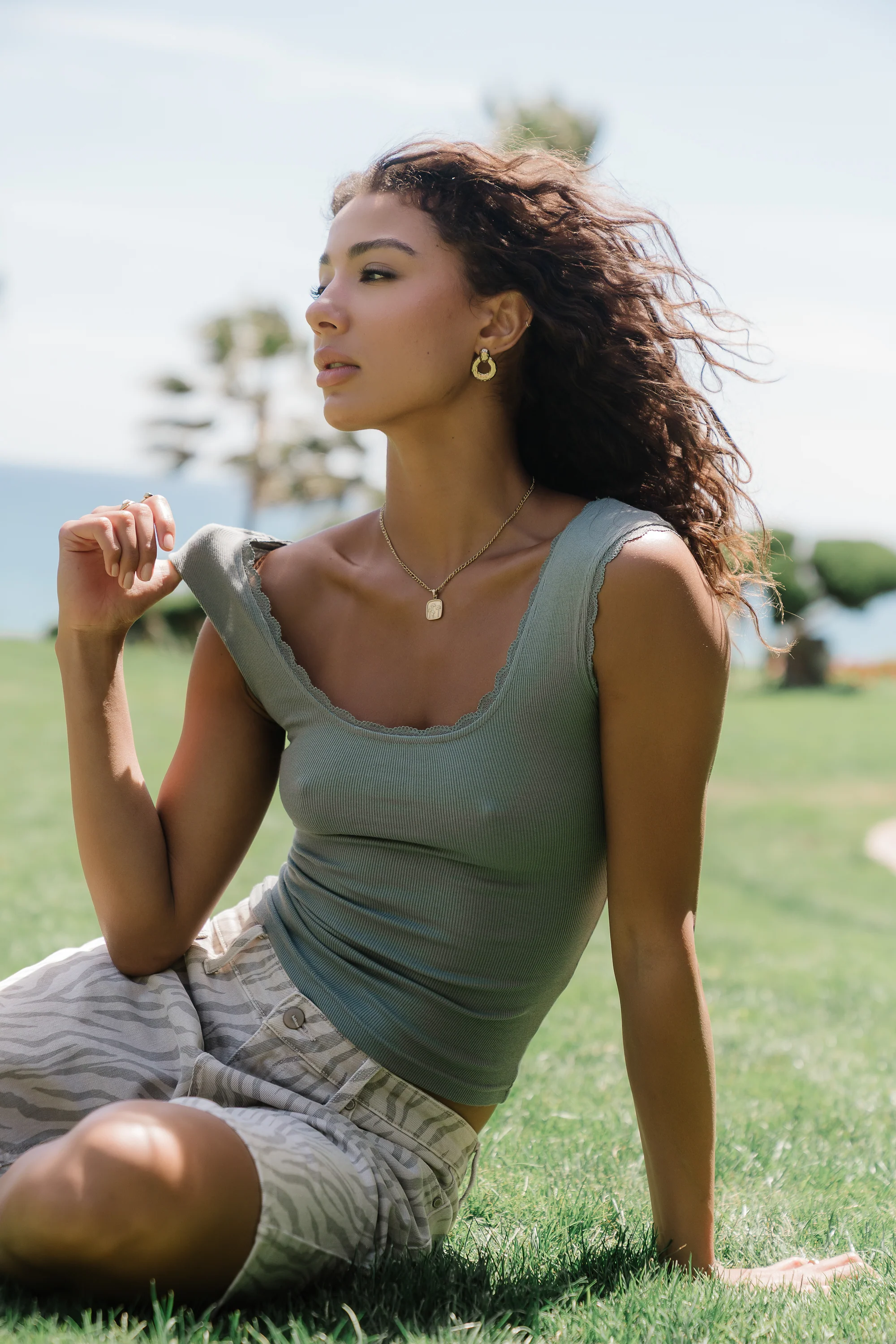 Sawyer Lace Trim Tank Top in Slate Blue