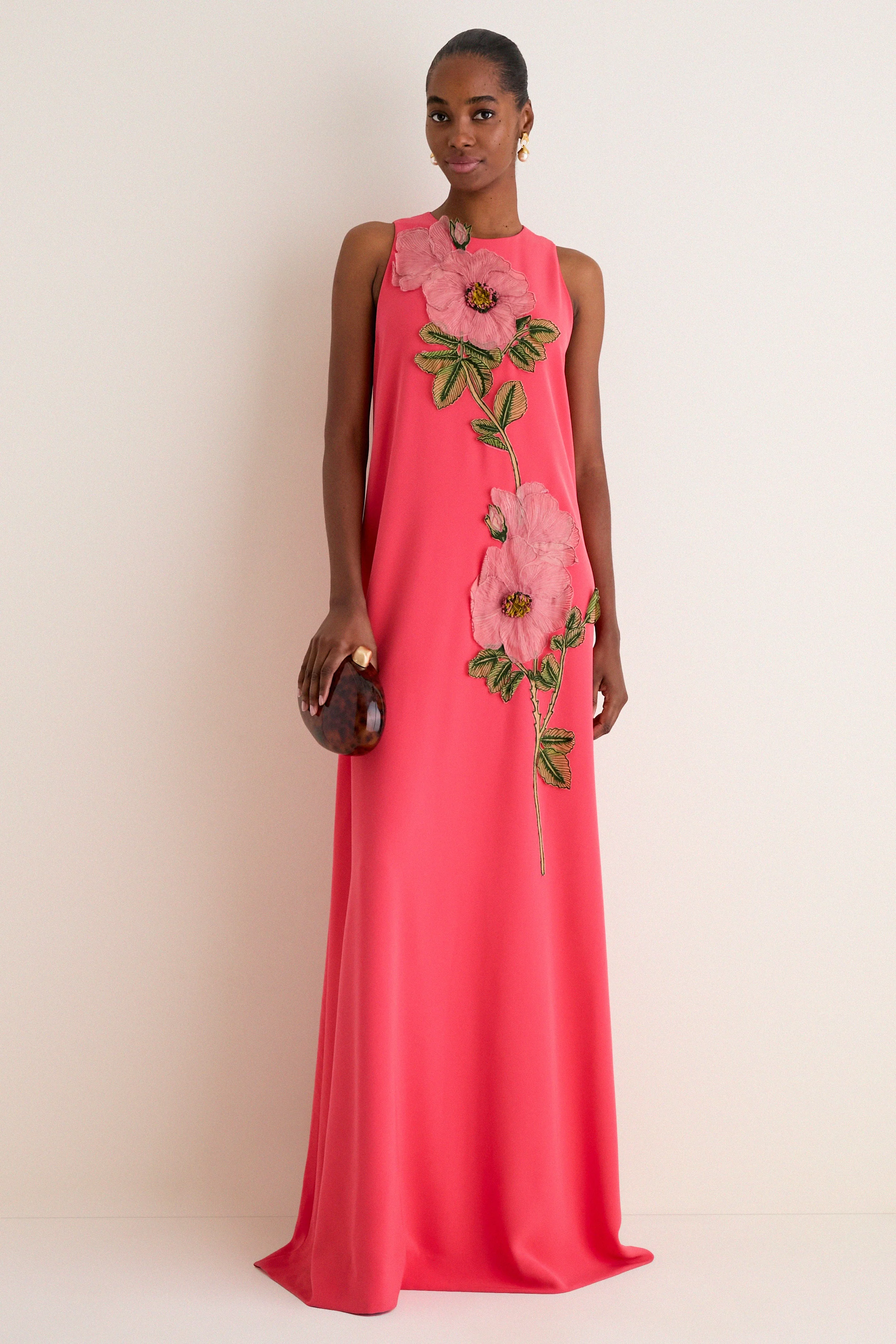 Watermelon Peony Embroidered Crepe Francie Gown