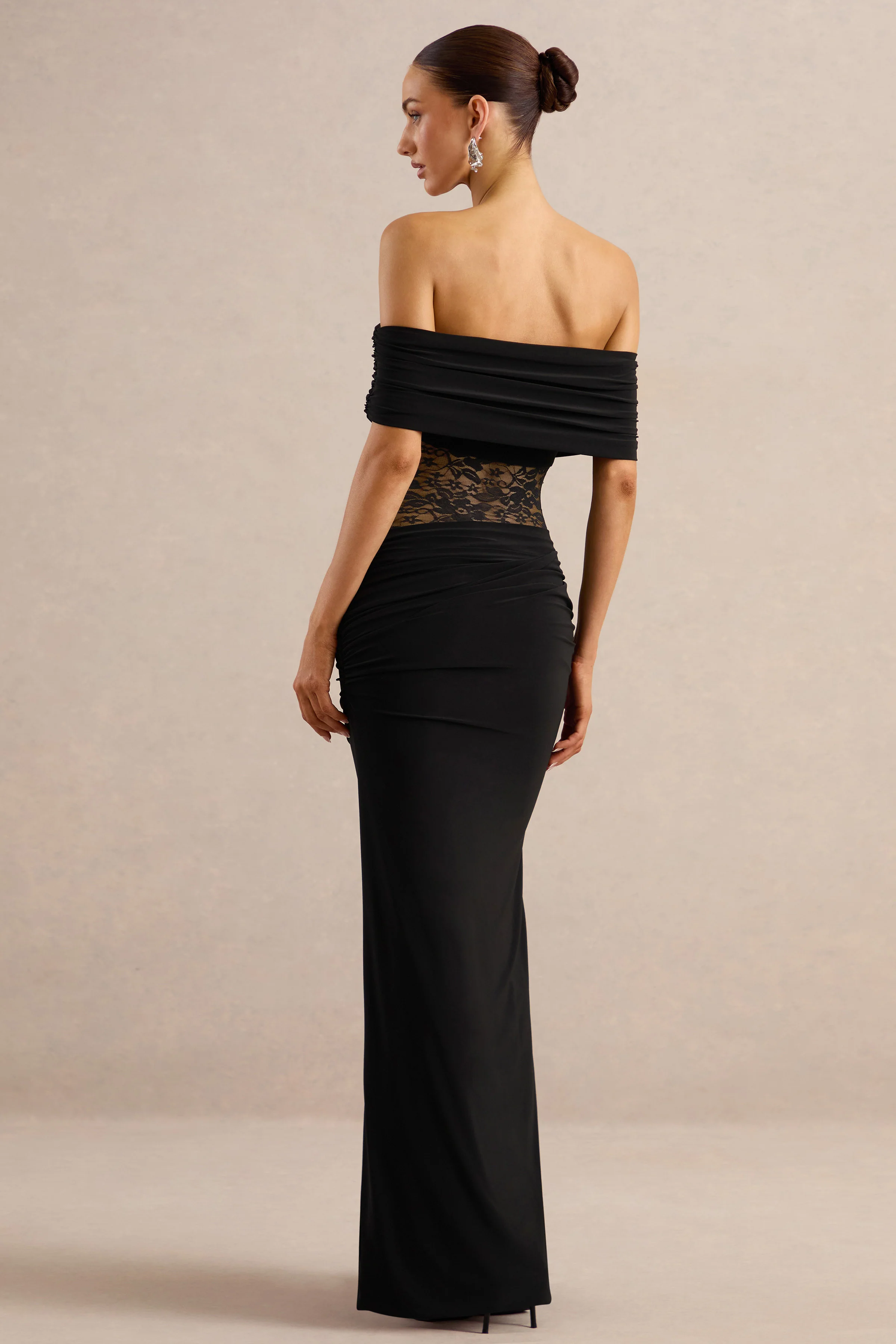 Forsya | Black Bardot-Neck Maxi Dress With Lace-Detailing