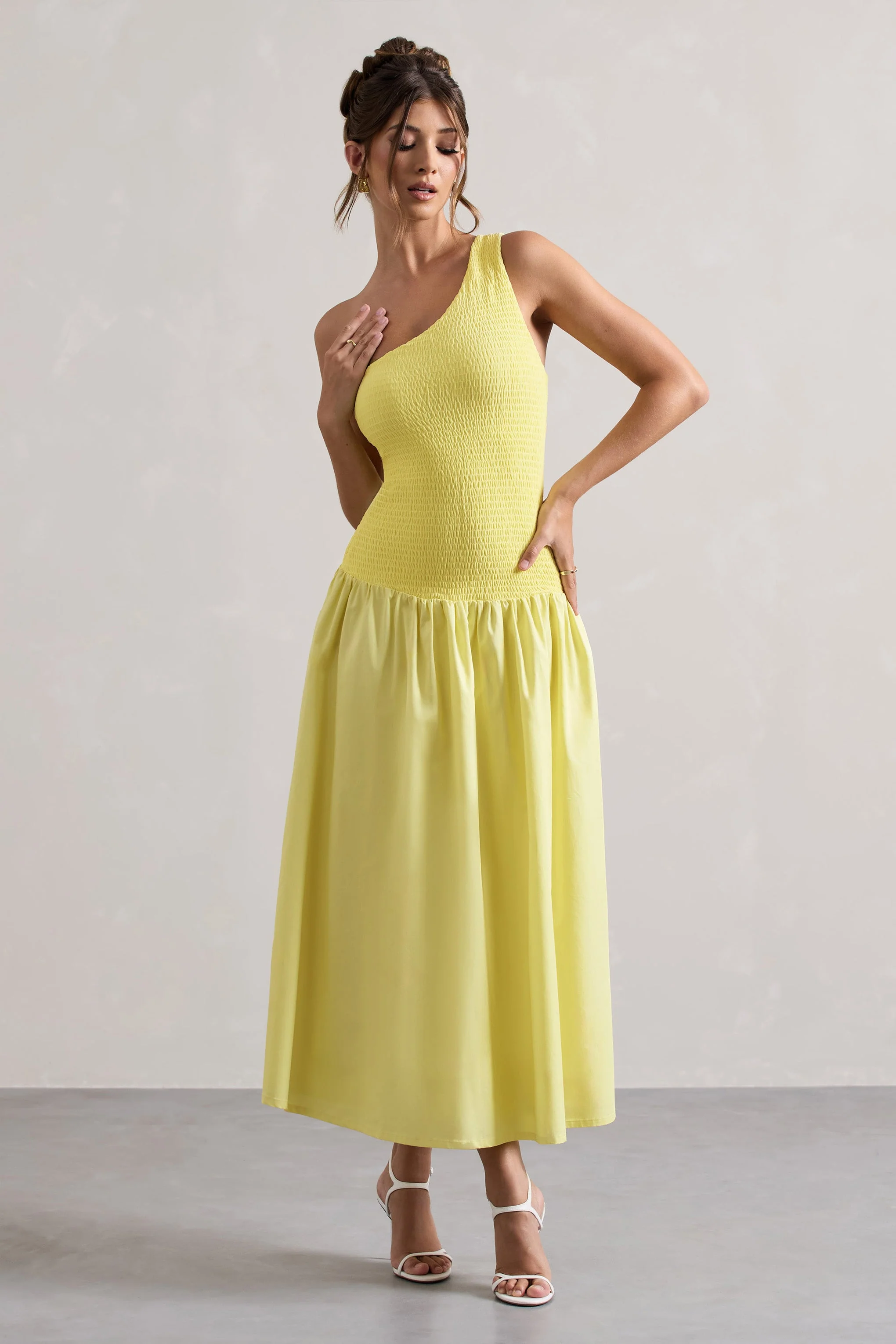 Sorbet | Lemon Poplin One Shoulder Pleated Maxi Dress