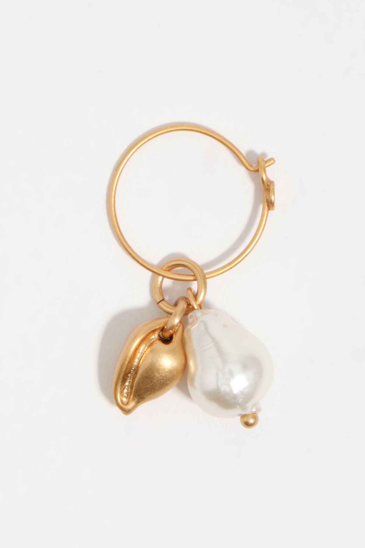 Aged gold pearl and seashell hoop earrings