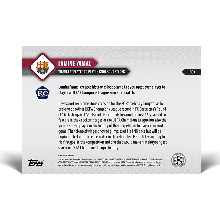 Topps UK - Lamine Yamal - UEFA Champions League Record: Youngest Player to play in knockout stages - UCL TOPPS NOW® Card #99