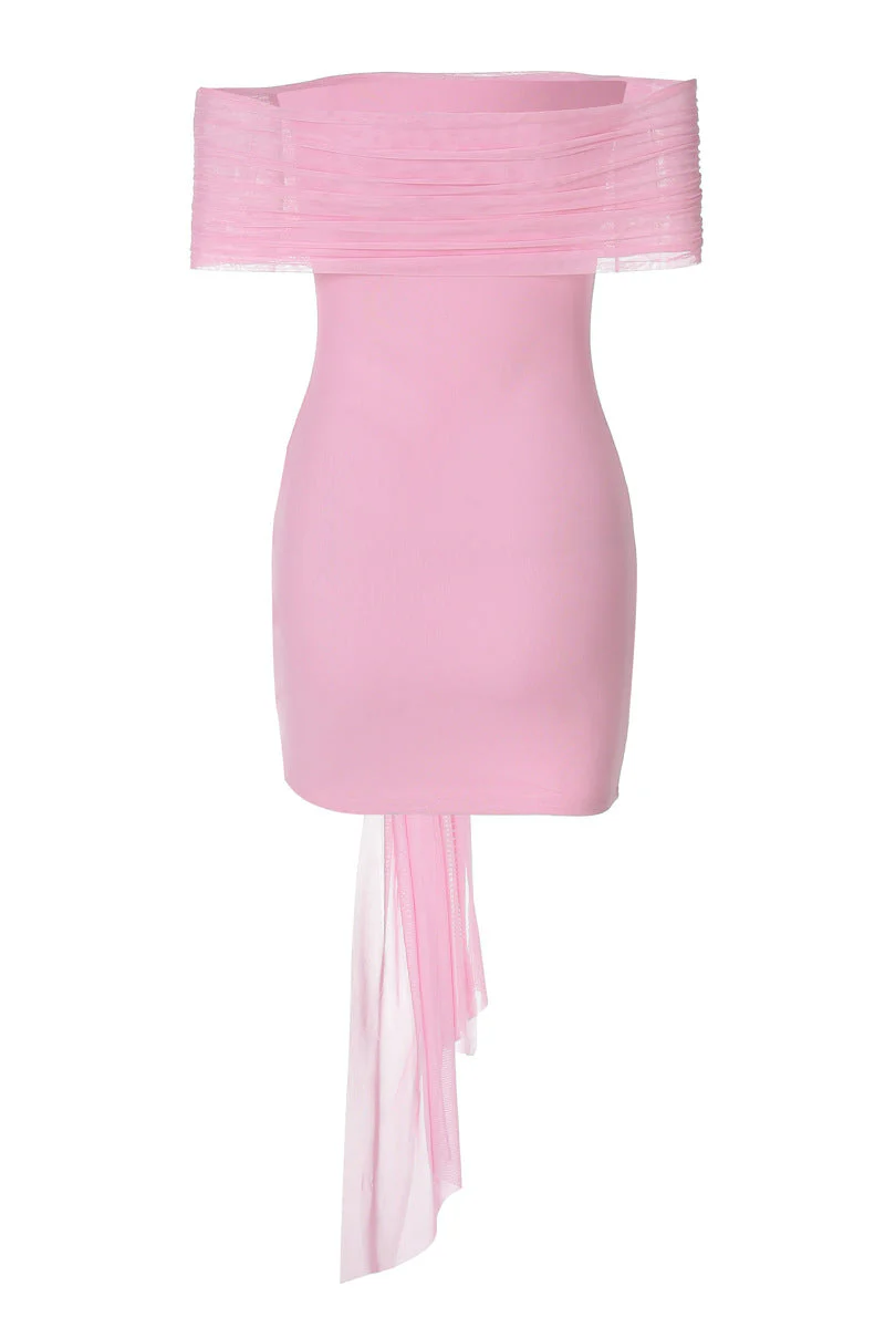 Off the Shoulder Pink Bodycon Short Dress with Ribbon