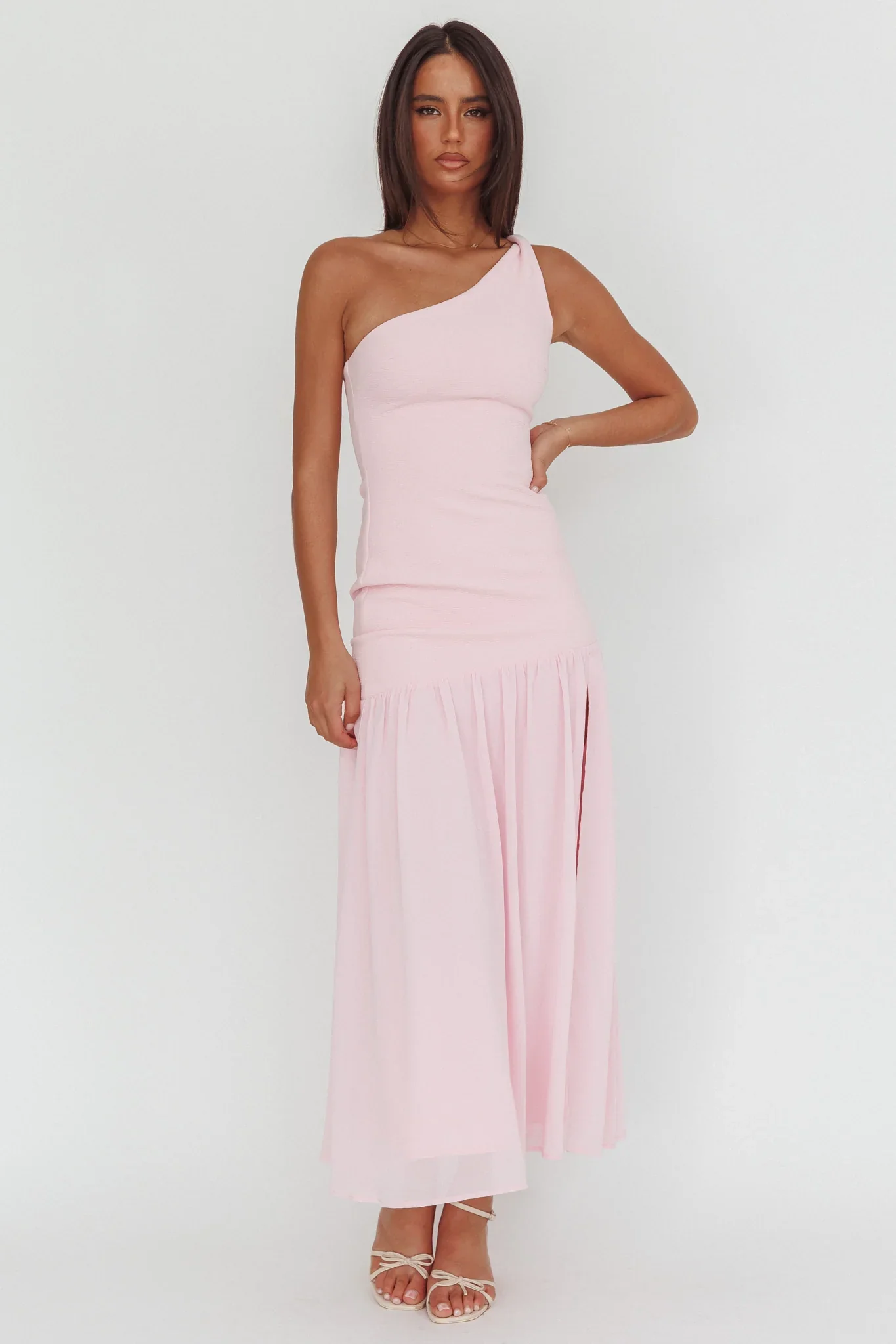 Lights On One-Shoulder Drop Waist Maxi Dress Pink