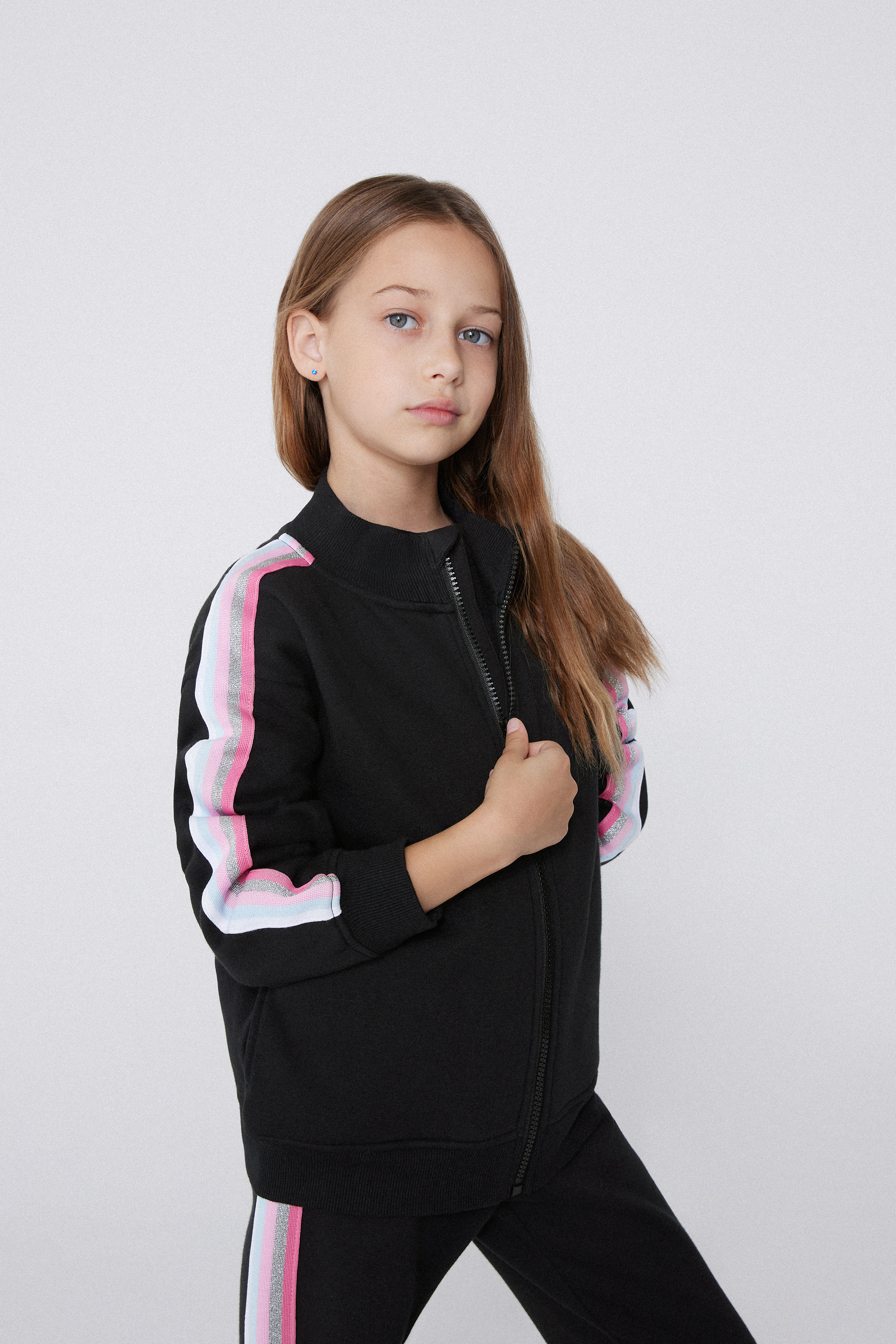 Girls' Thick Zip-Up Sweatshirt with Side Stripes