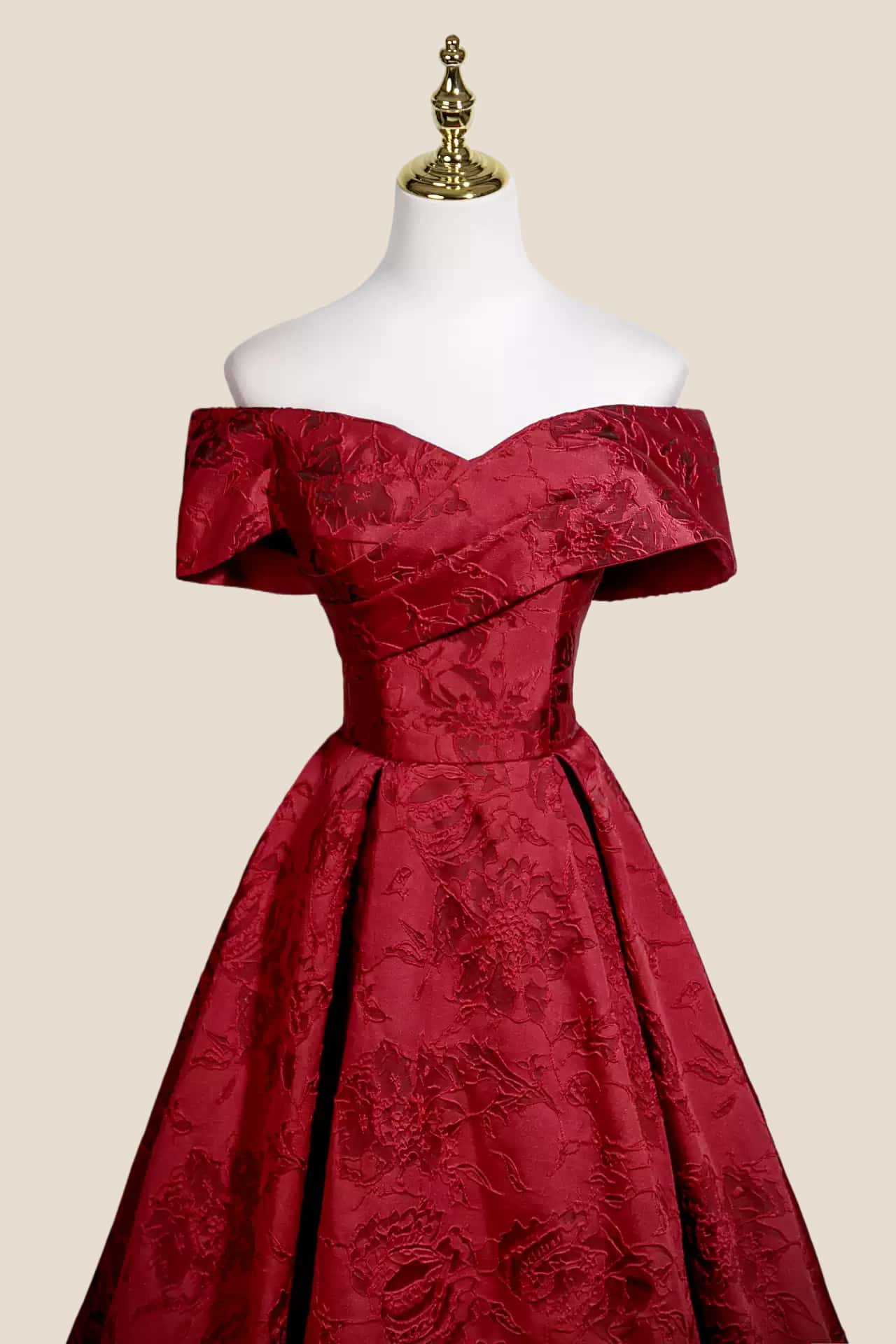 Ruched Off the Shoulder Red Floral Jacquard Gown
