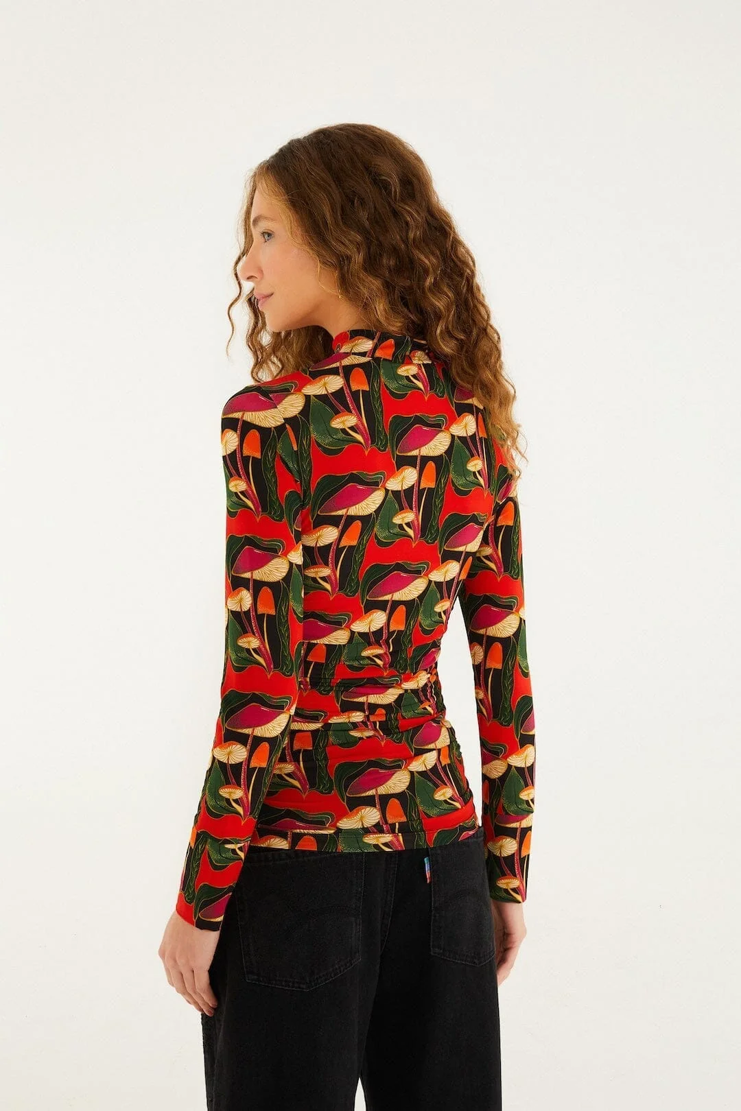 Black Wild Mushrooms Ruched Waist Jersey Blouse