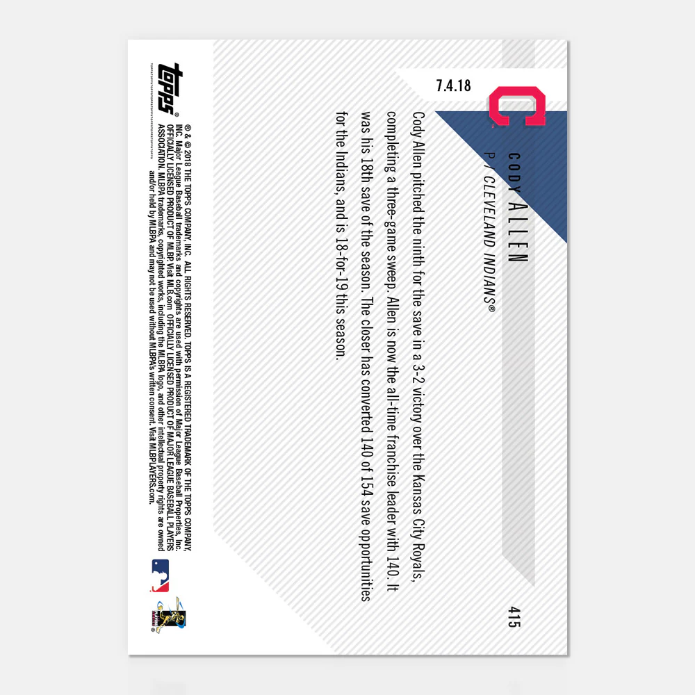 Cody Allen - 07/04/2018 TOPPS NOW® Card 415 - Print Run: 182