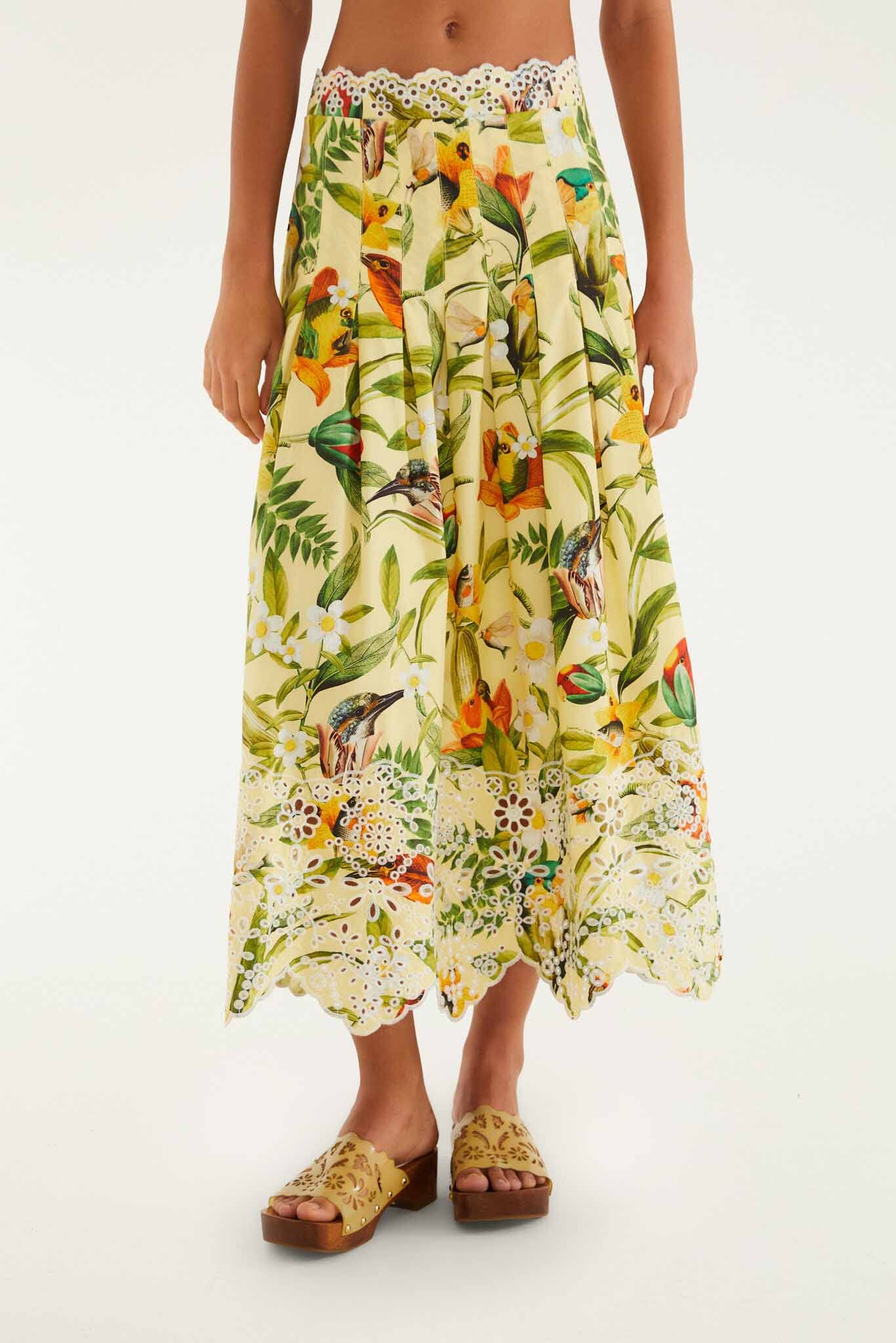 Soft Yellow Brasil Collage Lace Maxi Skirt