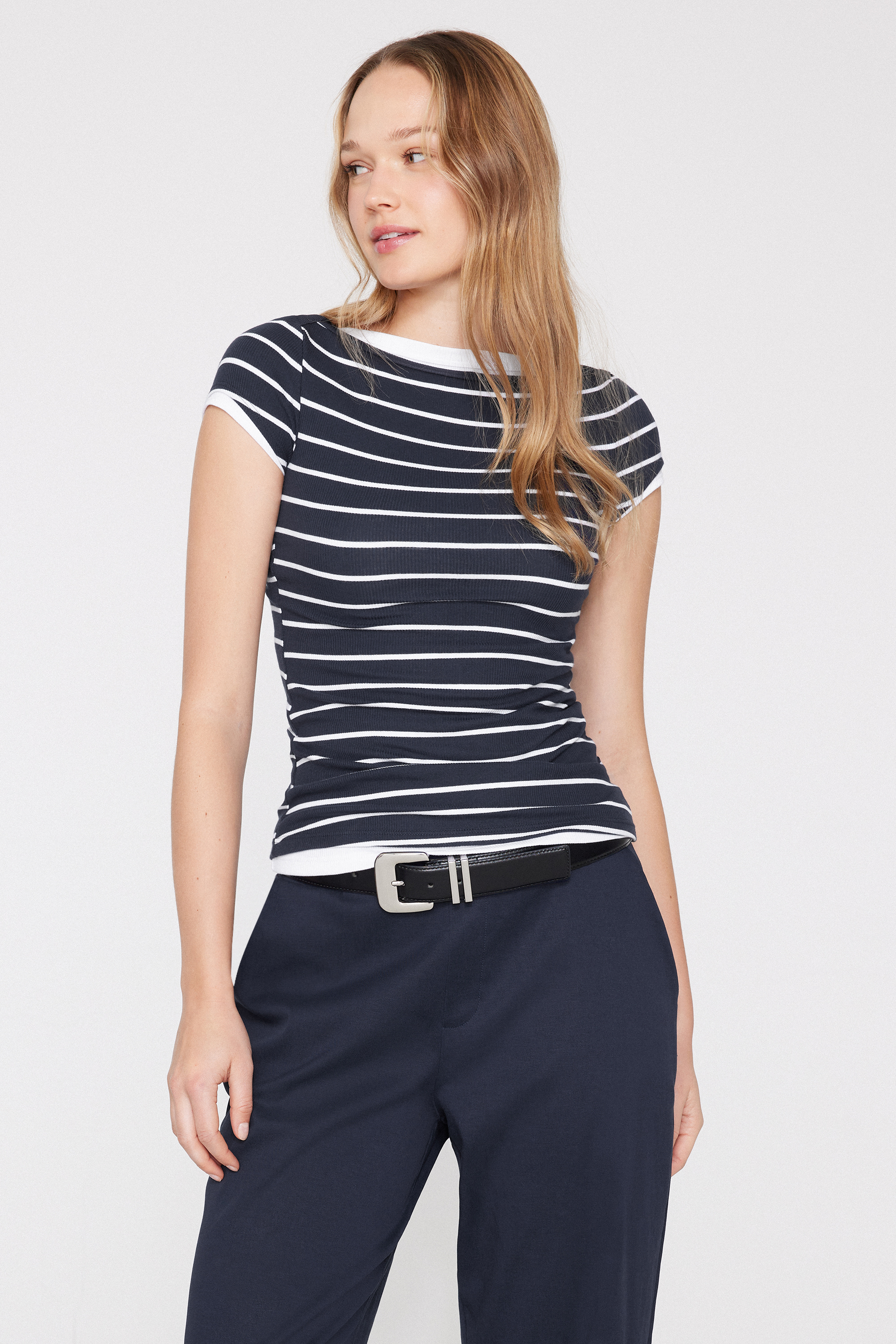 Ribbed Cotton Boat Neck T-Shirt