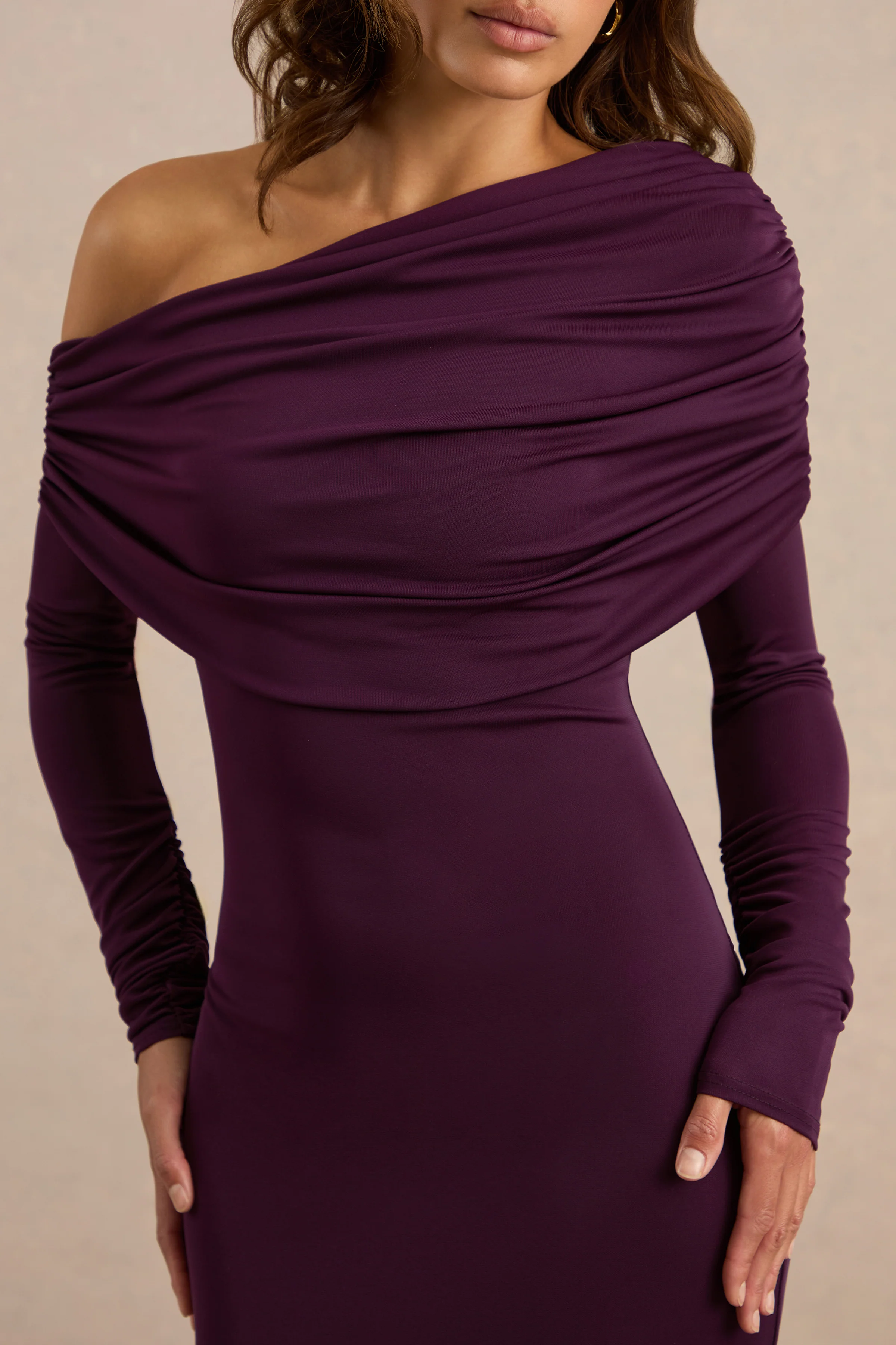Eulalie | Purple One Shoulder Long Sleeve Maxi Dress With Ruching