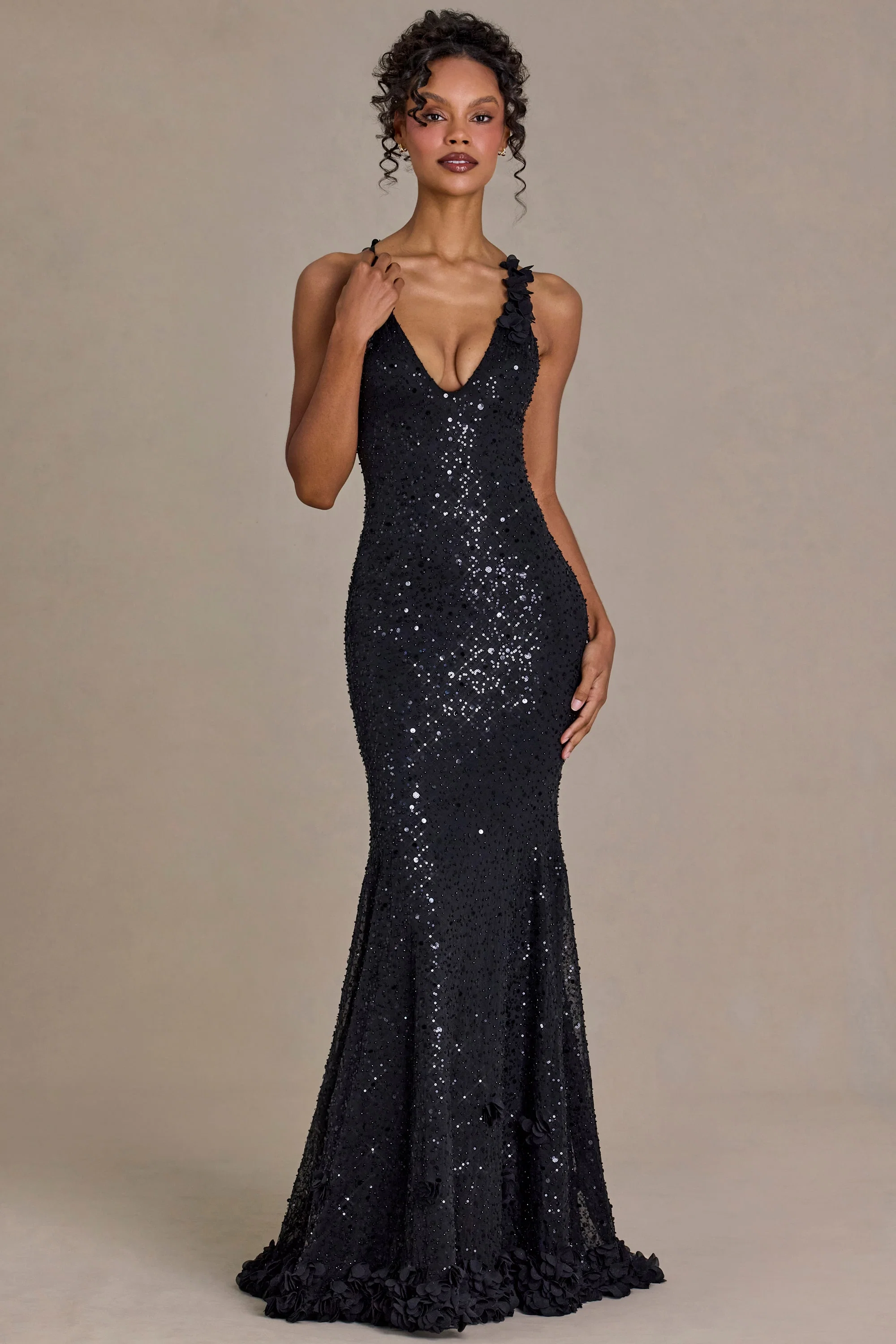 Embellished Plunge Open-Back Gown in Black