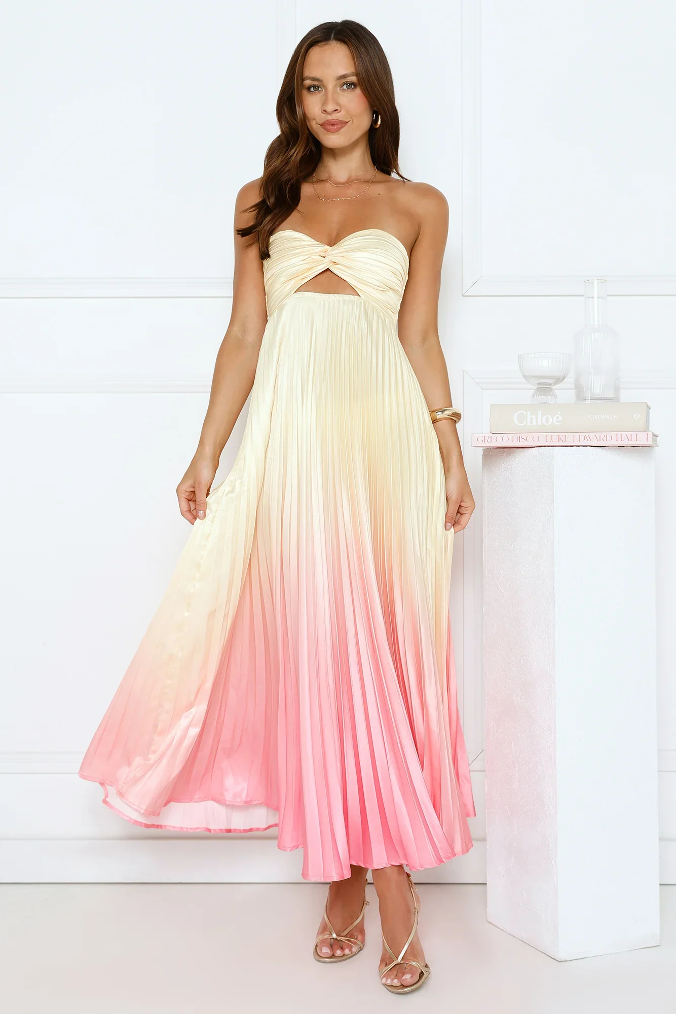 Melting Sunset Satin Strapless Maxi Dress Yellow