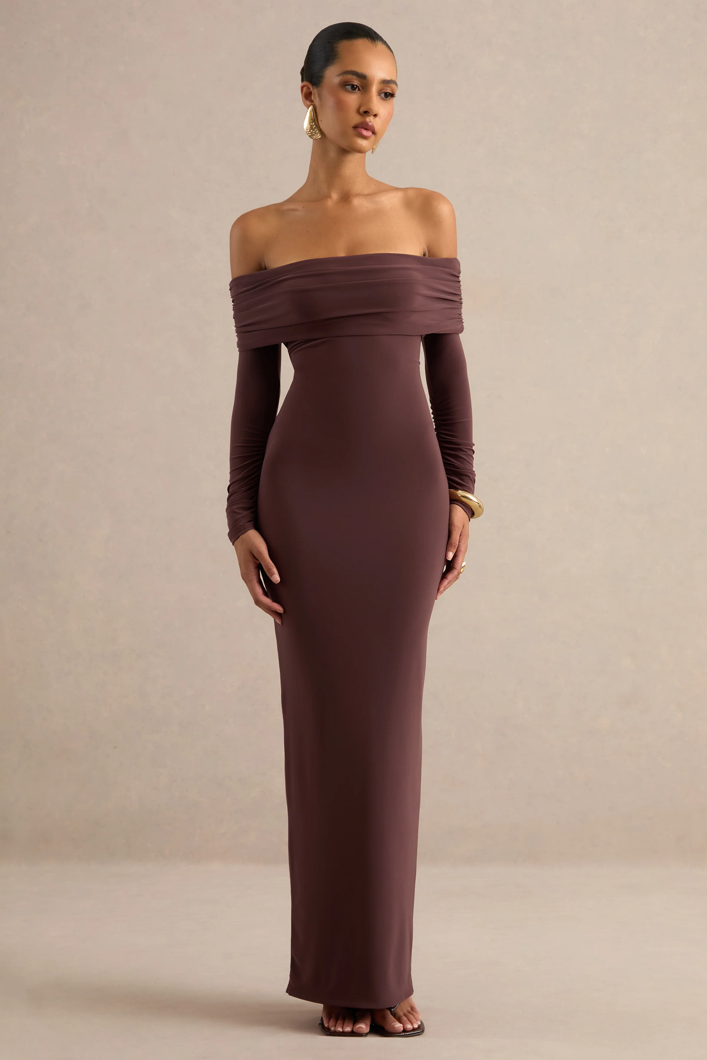 Keirae | Dark Brown Jersey Ruched Bardot Long Sleeve Maxi Dress With Tie Back And Back Split