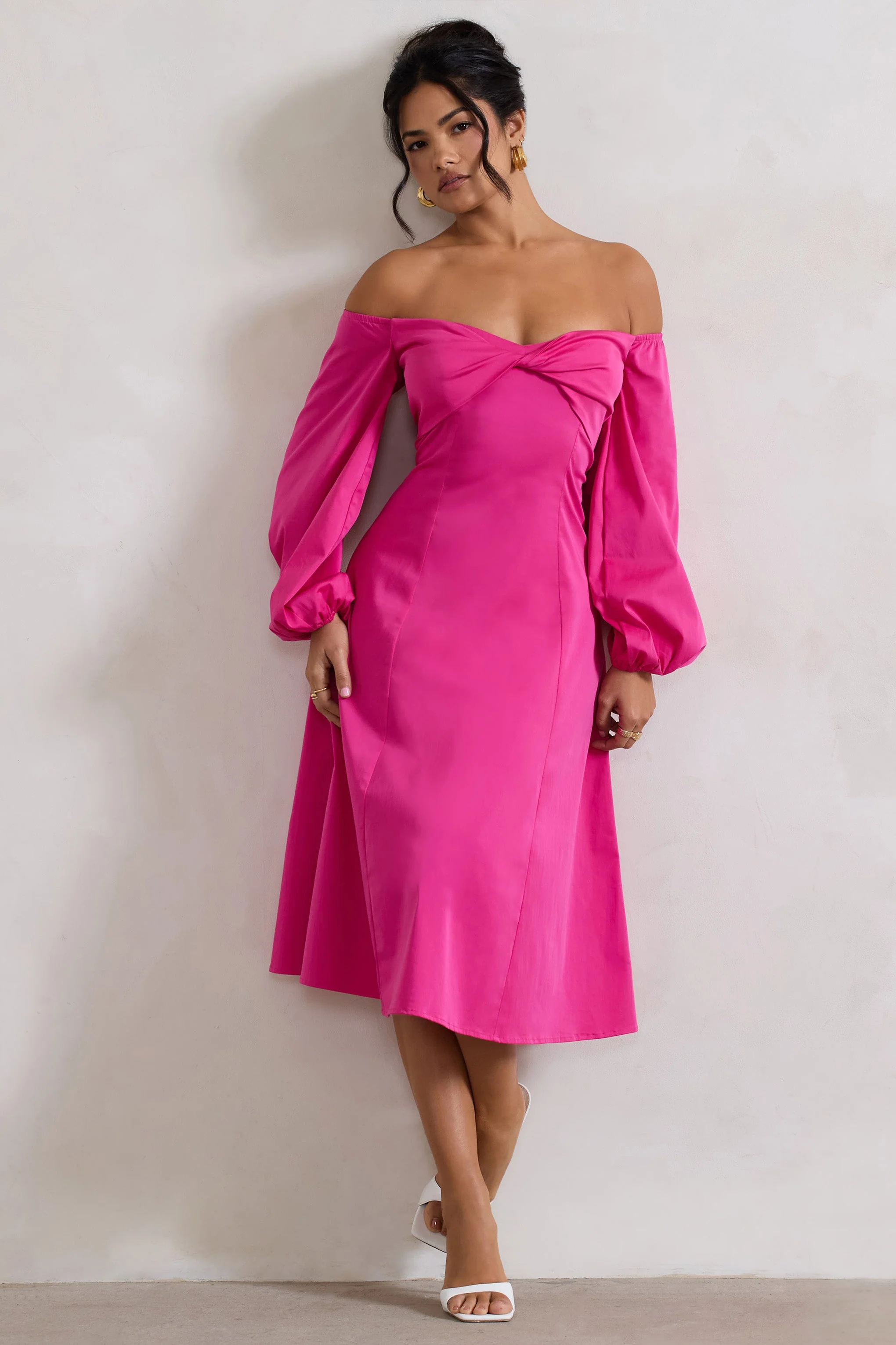 Santino | Hot Pink Twisted Bardot Puff-Sleeve Midi Dress