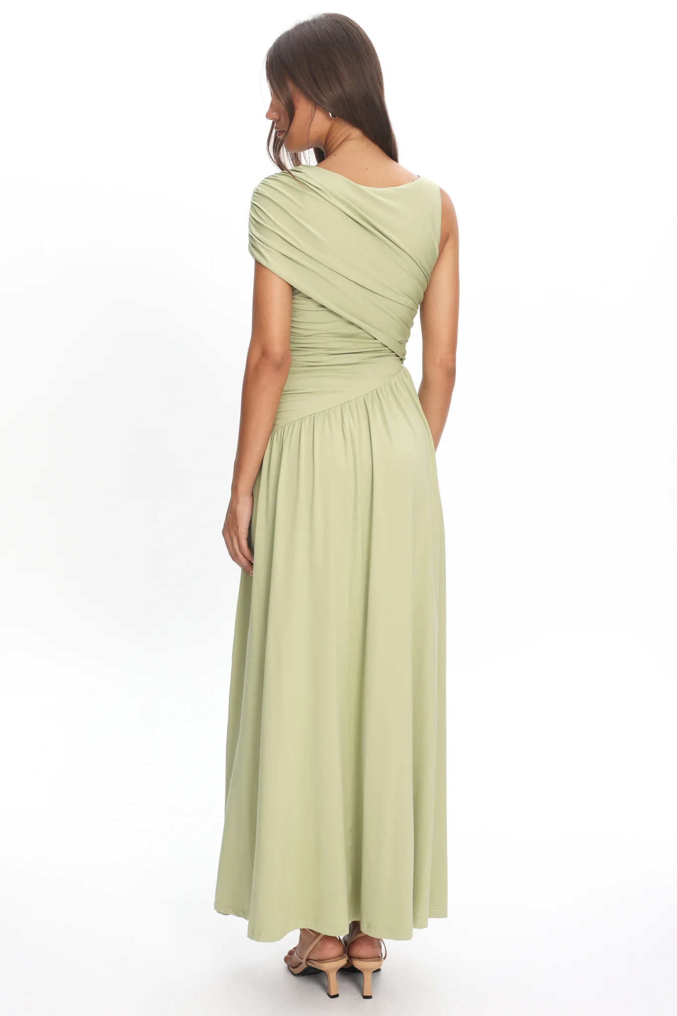 Adiel Ruched Asymmetric Waist Maxi Dress Olive
