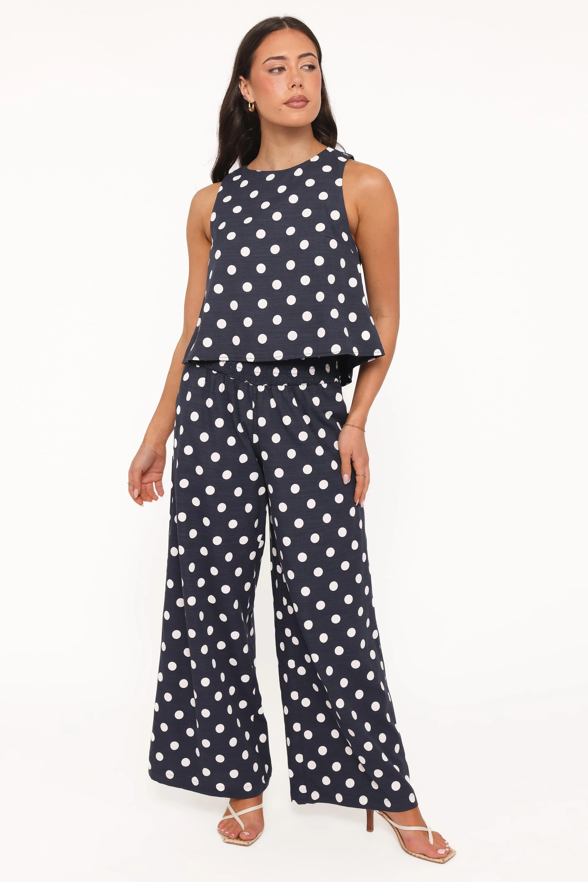 Jillian Smocked Pant Set - Navy Polka Dot