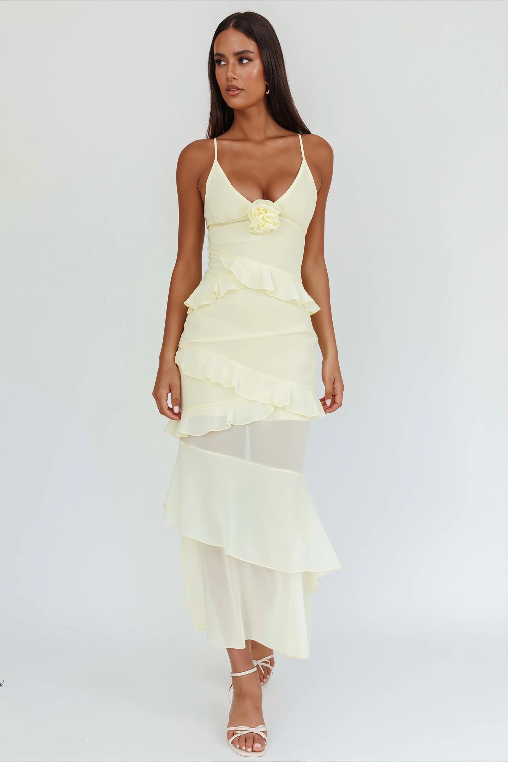 Flowy Solid Ruffle Slim Cami Maxi Dress