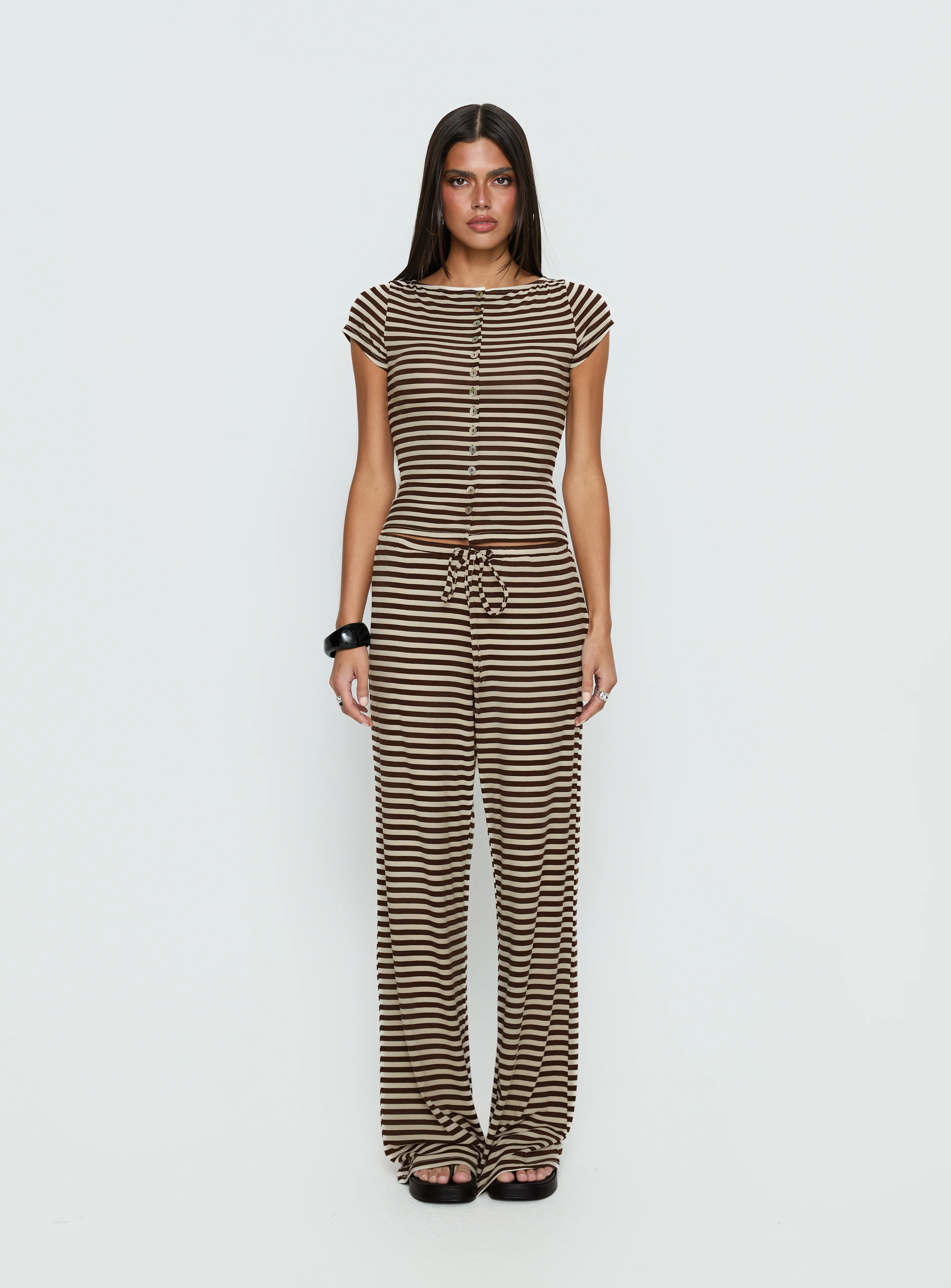 Angellina Jersey Button Down Top Chocolate / Cream Stripe