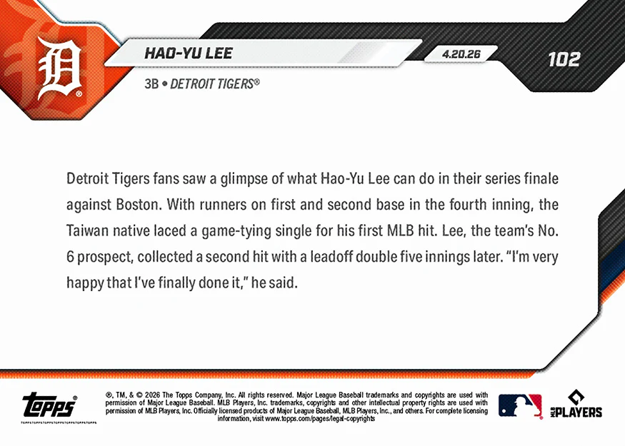 Hao-Yu Lee - 2026 MLB Topps NOW® - Card 102