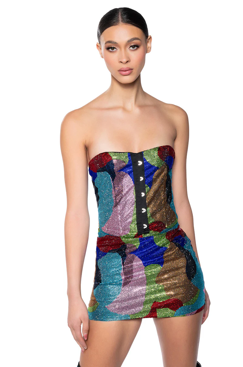 Work Of Art Rhinestone Mini Dress In Multi