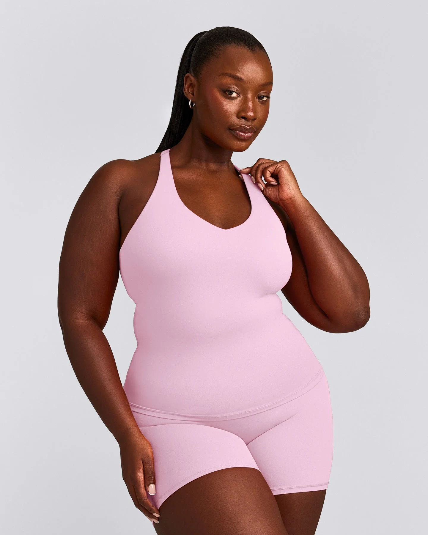 SoftMotion™ Racer Back Vest with Built in Bra Shelf with Grey Logo | Chalk Pink