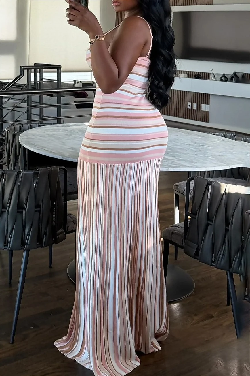 Color Block Stripe Backless Maxi Dress
